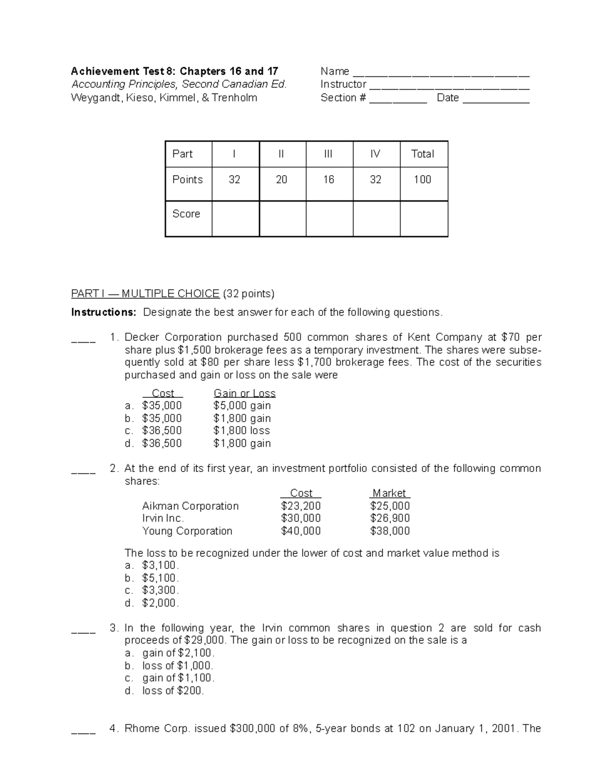Achievement Test 8: Accounting Principles - Chapter 8 Review AT8 - Studocu