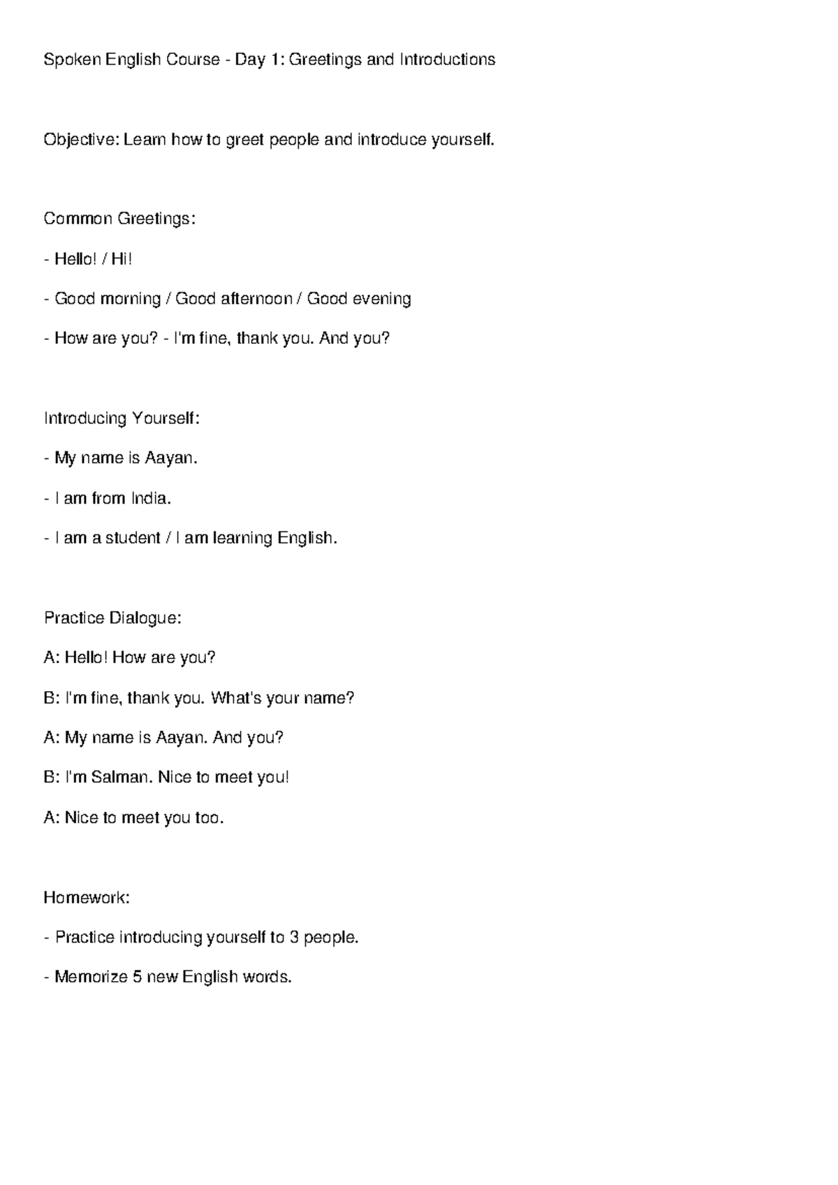 Spoken English Day1 Notes - Spoken English Course - Day 1: Greetings ...