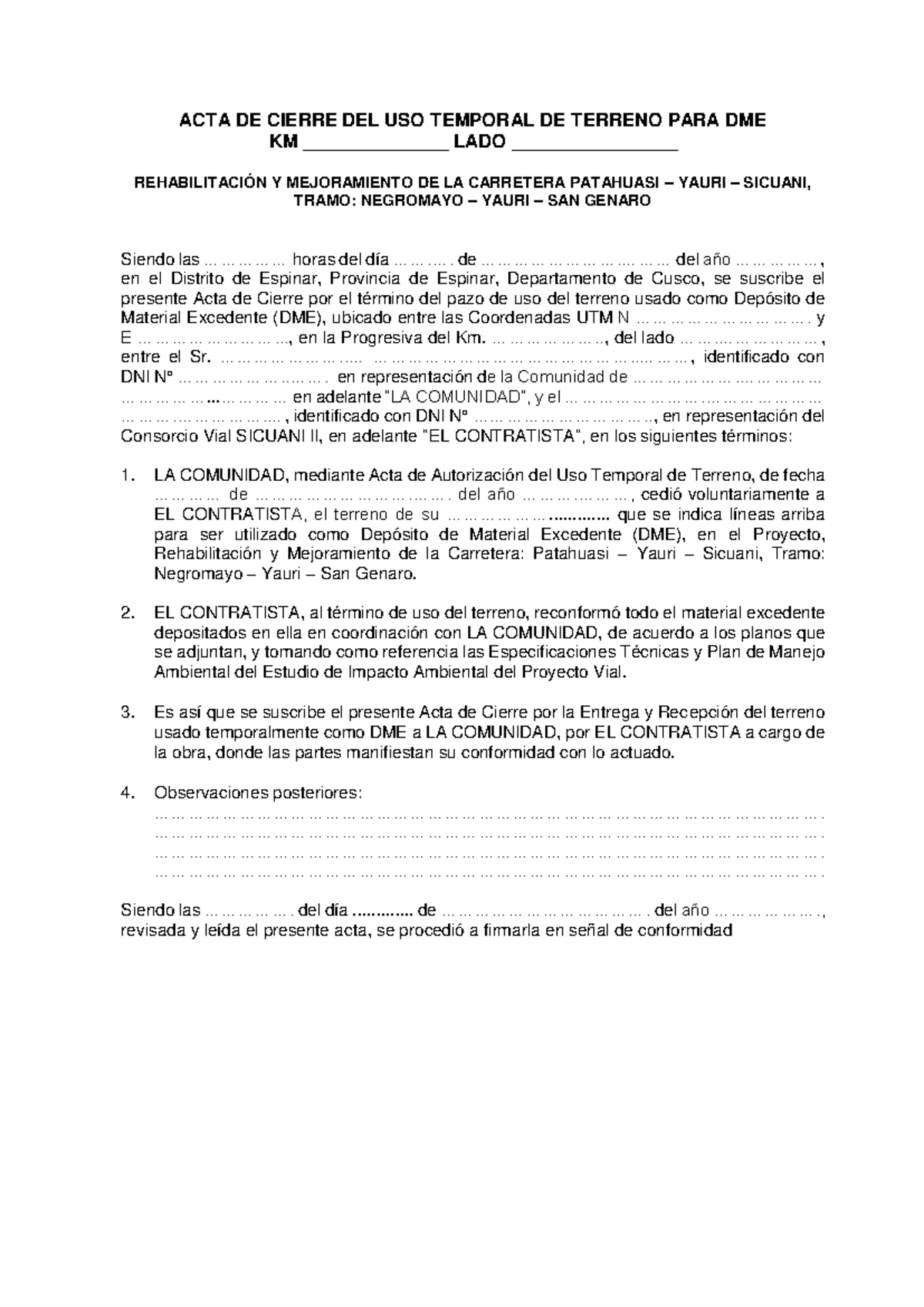 Modelo de Acta de Cierre del Uso Temporal de Terreno DME - Proyecto ...