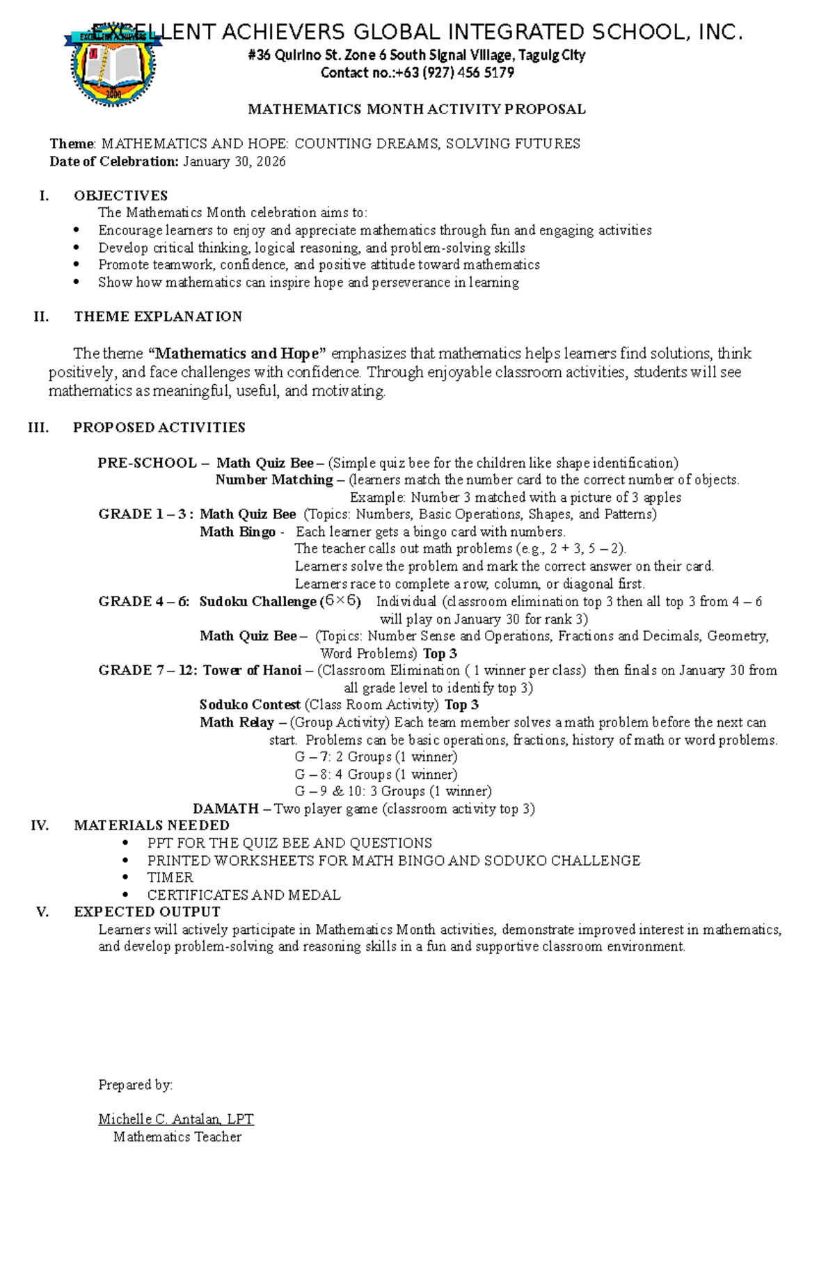 Mathematics Month Activity Proposal: Counting Dreams & Solving Futures ...