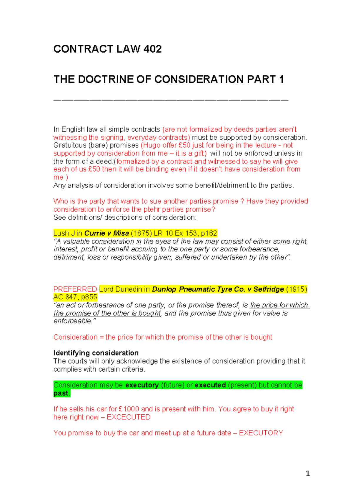 CONTRACT LAW 402: THE DOCTRINE OF CONSIDERATION - PART 1 NOTES - Studocu