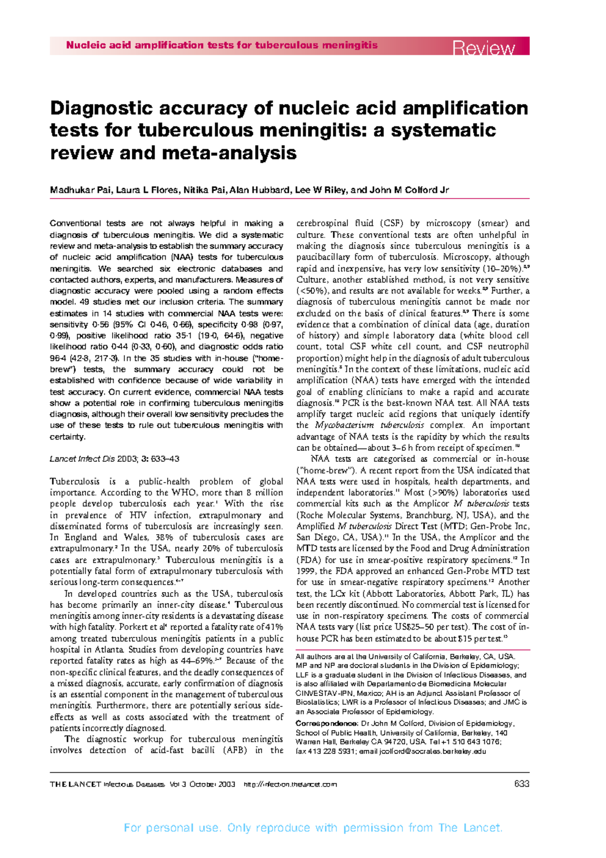 NAA Tests for Tuberculous Meningitis: A Systematic Review (TBC 1) - Studocu
