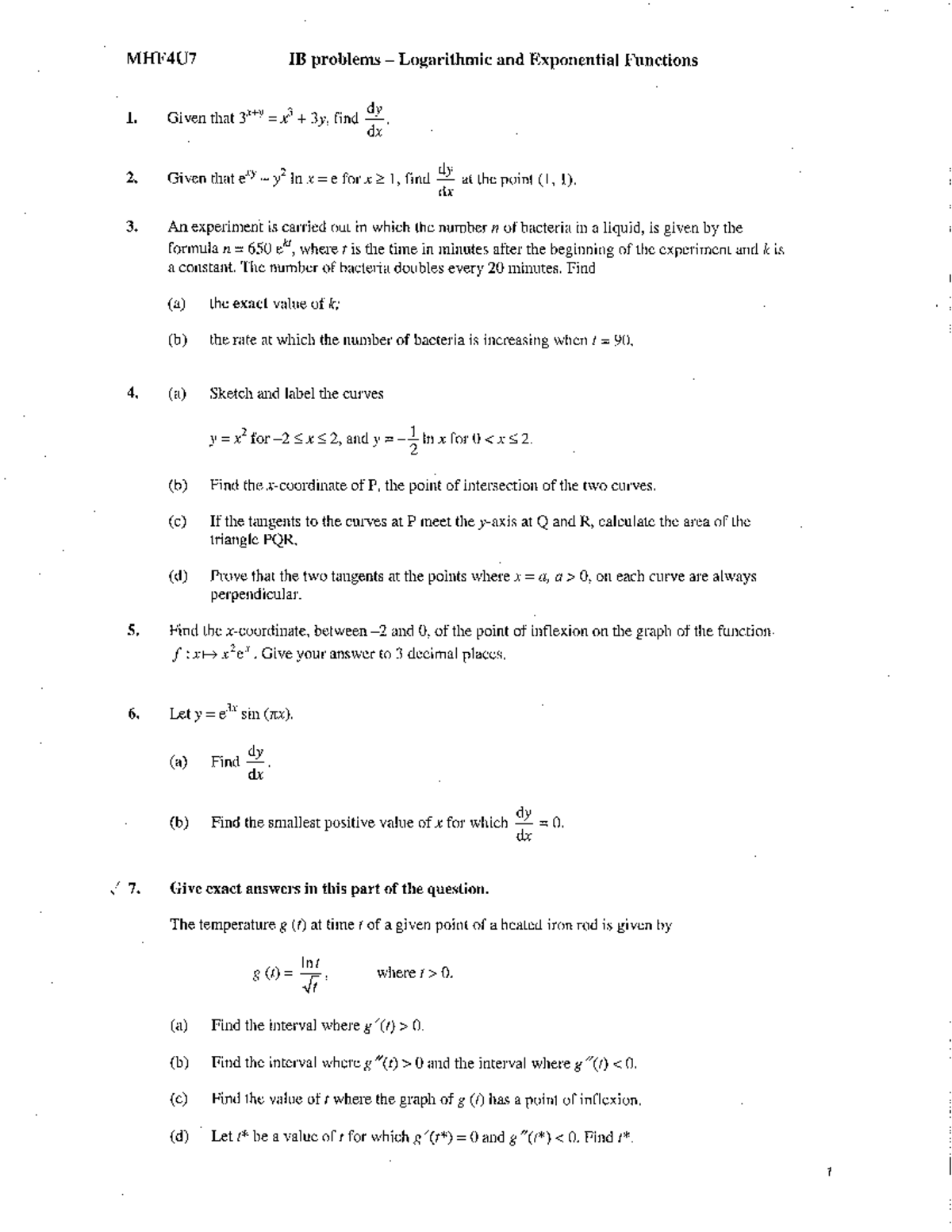 MHF4U7 IB Logarithmic & Exponential Functions Exam Problems - Studocu