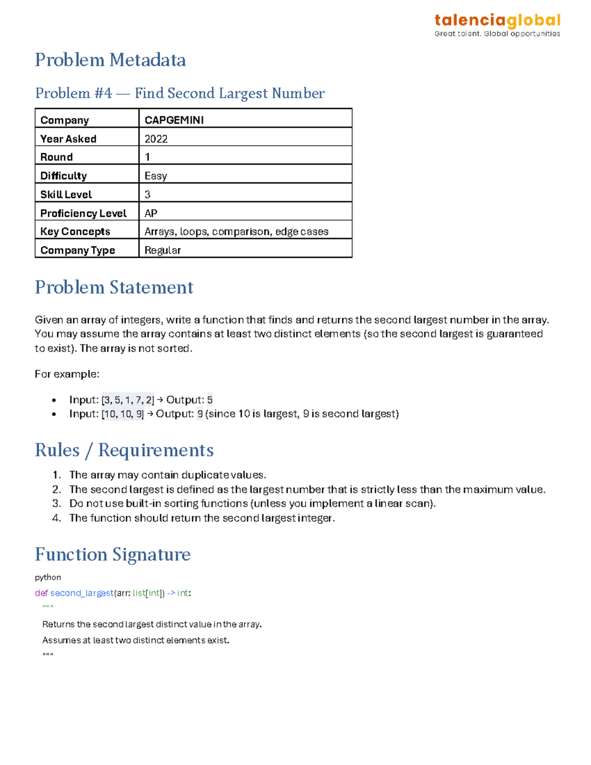 CAPGEMINI 2022 Round 1 Problem: Find Second Largest Number - Studocu