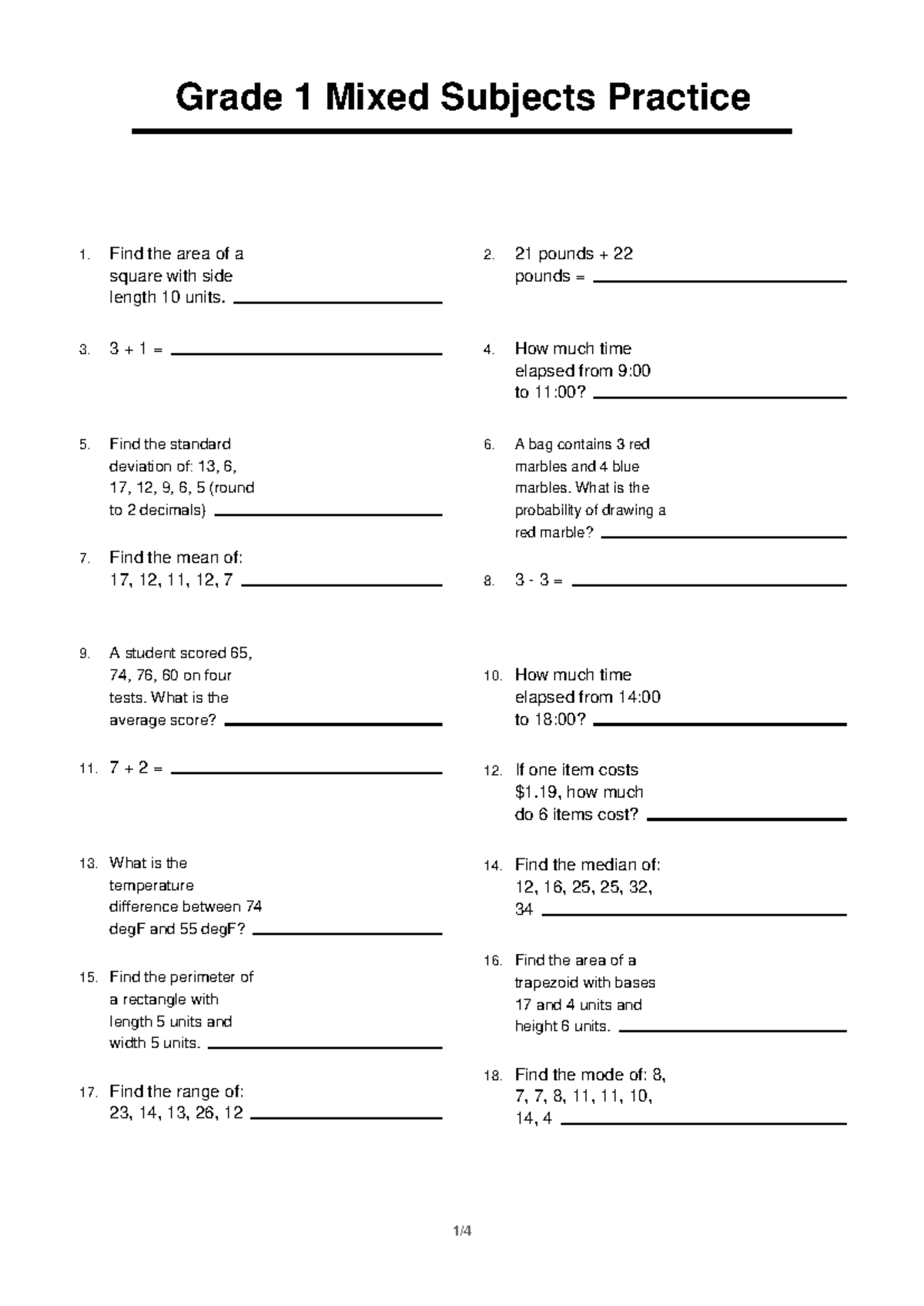 Grade 1 Mixed Subjects Practice 5: Math & Probability Exercises - Studocu