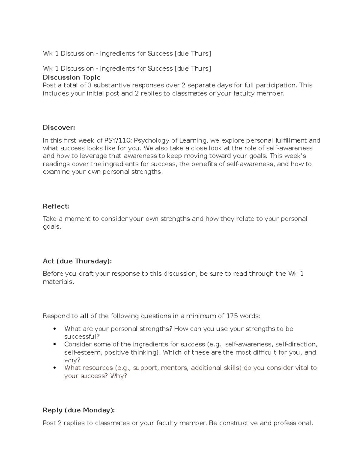 PSY/110 Wk 1 Discussion Post: Ingredients for Success Assignment - Studocu