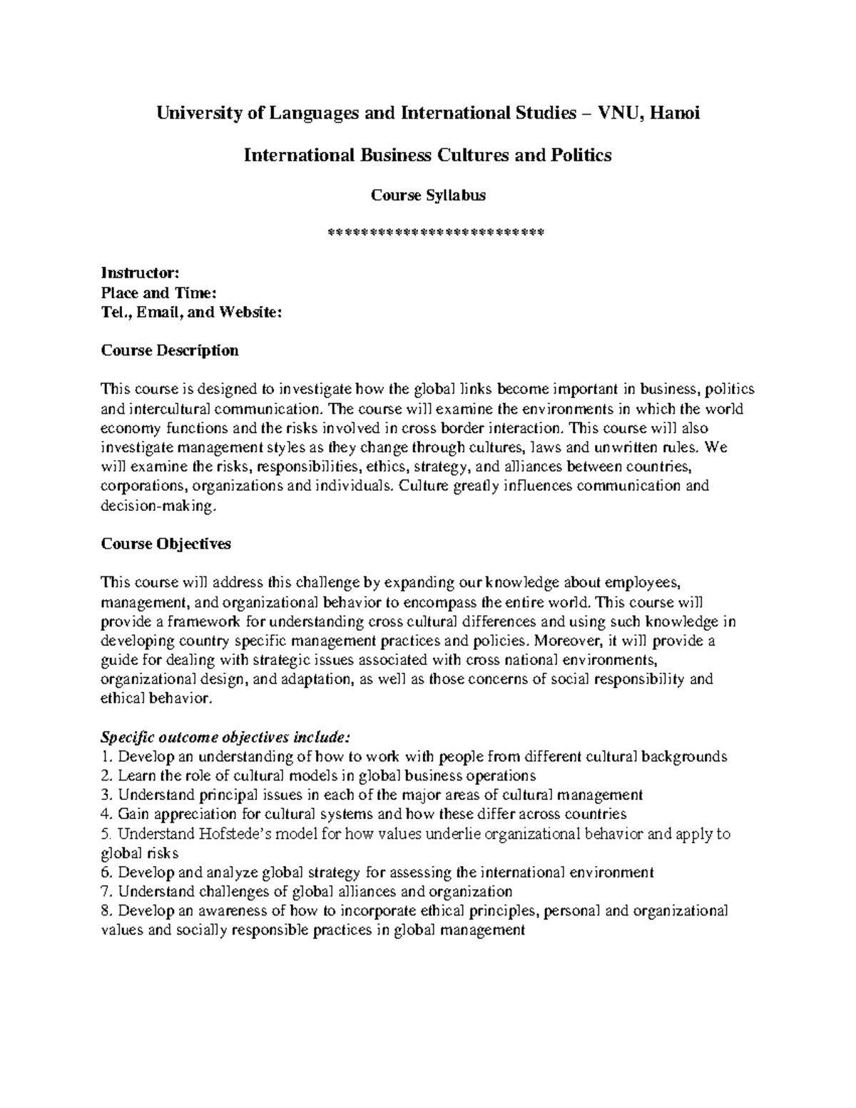 International Business Cultures and Politics Syllabus (IBCP 101) - Studocu