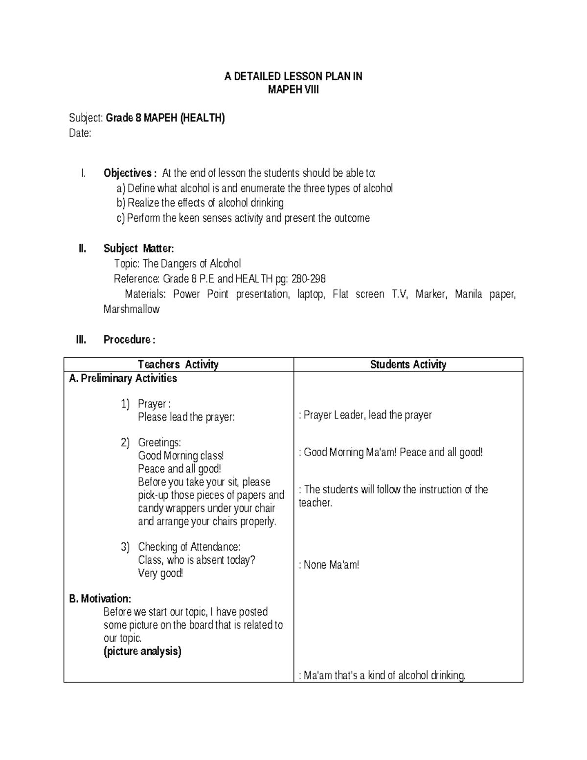 A Detailed Lesson PLAN IN 8 - A DETAILED LESSON PLAN IN MAPEH VIII ...