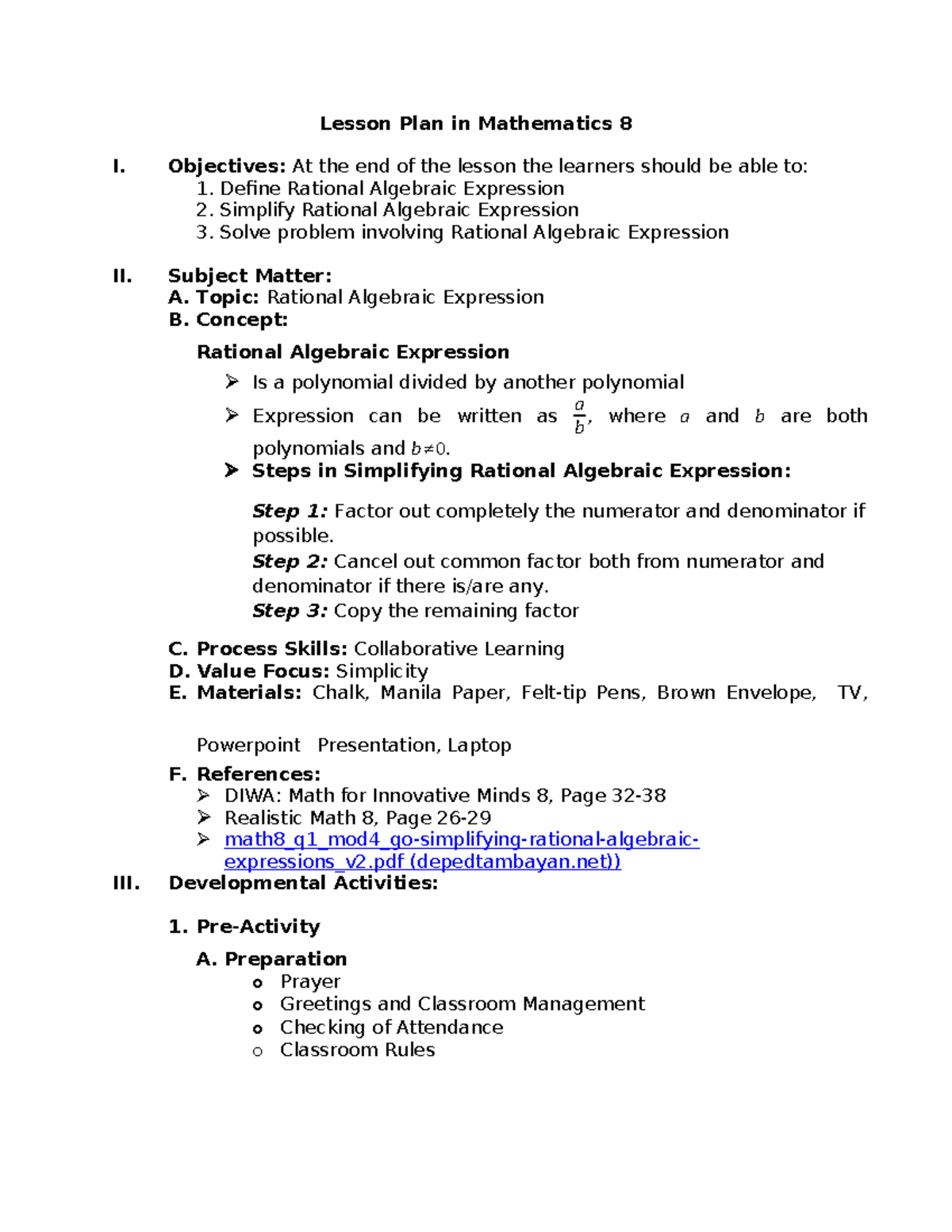 Rational Algebraic Expression Lesson Plan for Grade 8 - Studocu