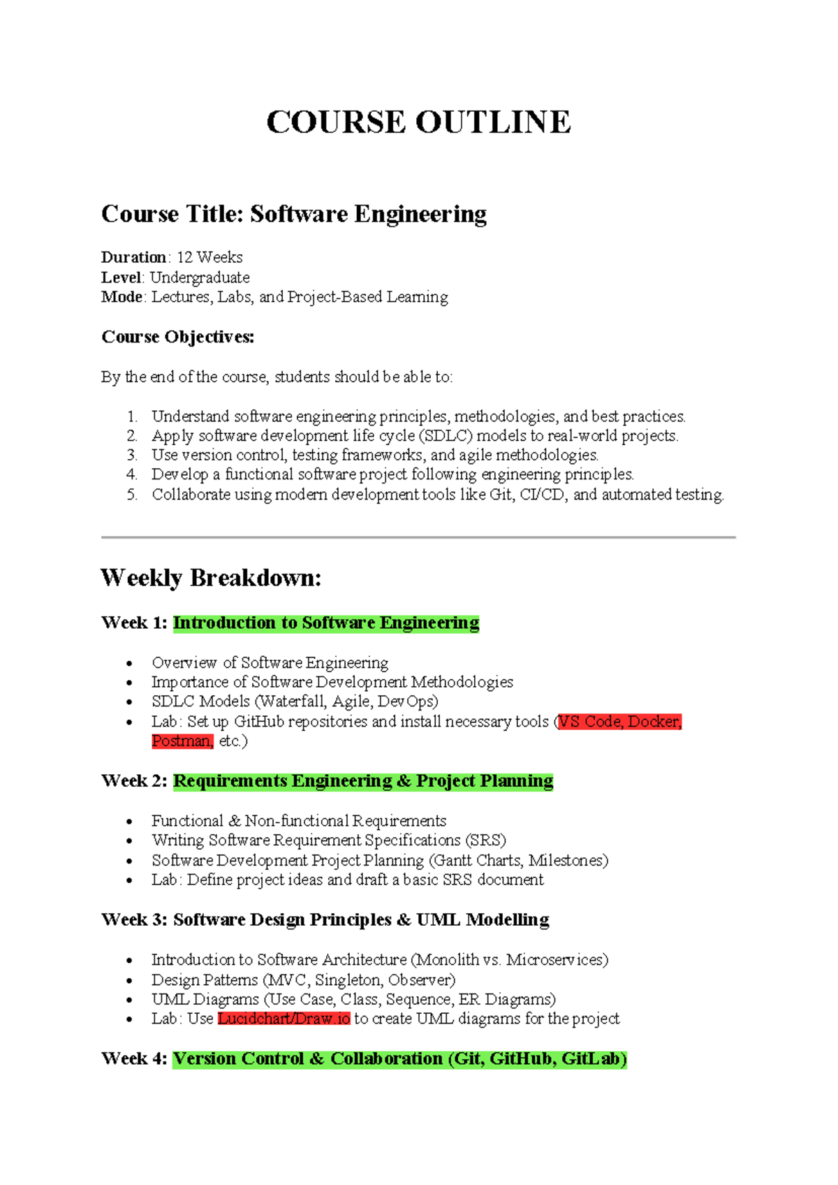 Software Engineering Course Outline: 12-Week Undergraduate Program ...