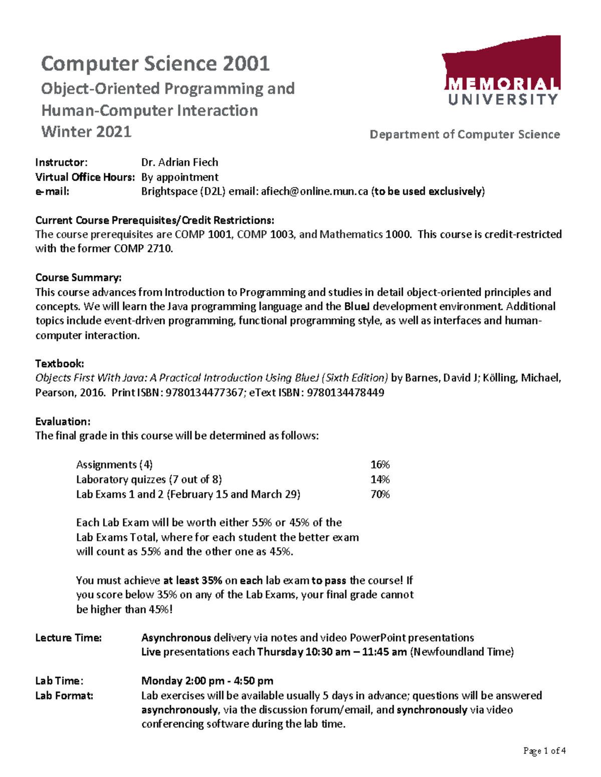 COMP 2001 Course Outline for Object-Oriented Programming - Winter 2021 ...