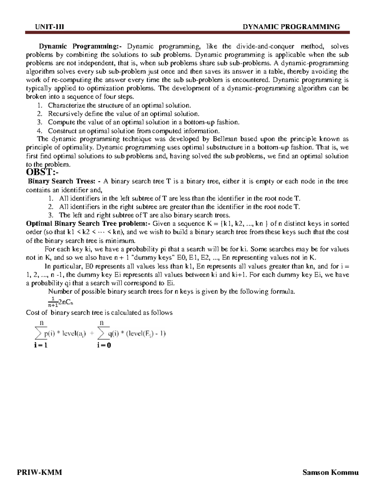 Dynamic Programming Techniques in DAA (Unit-III) - Studocu