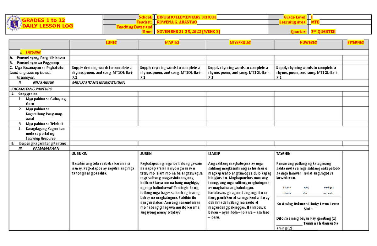 DLL MTB 1 Q2 W3 - daily lesson log for grade 1 - GRADES 1 to 12 DAILY ...