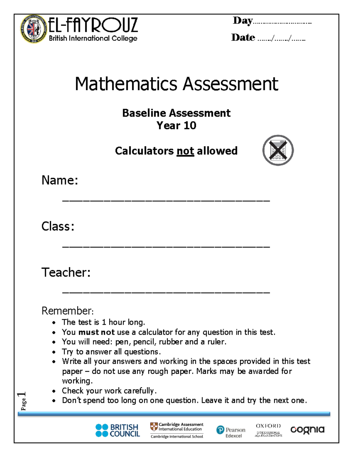 Year 10 Math Assessment: Baseline Test (No Calculators) - Studocu