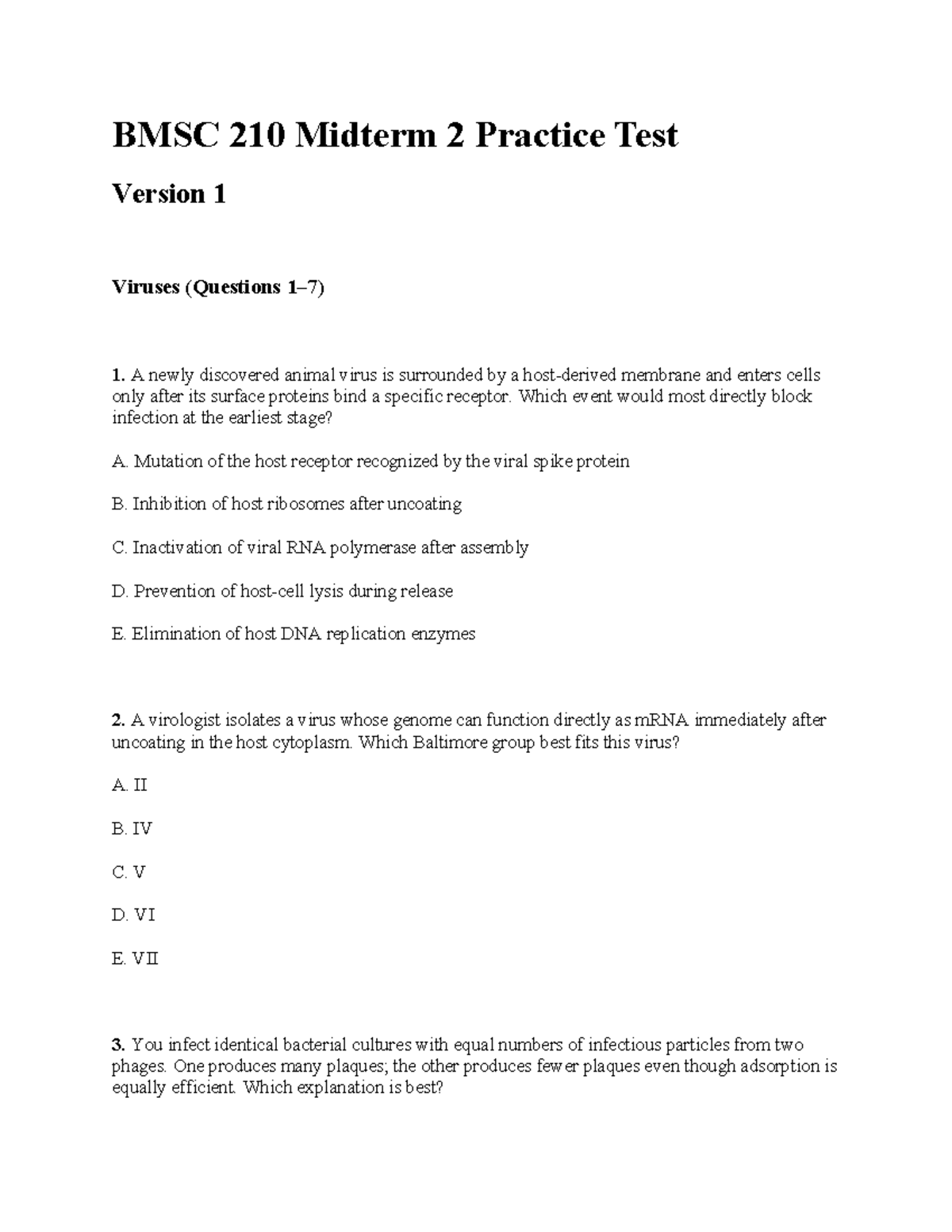 BMSC 210 Midterm 2 Practice Test Version 1: Virology Focus - Studocu