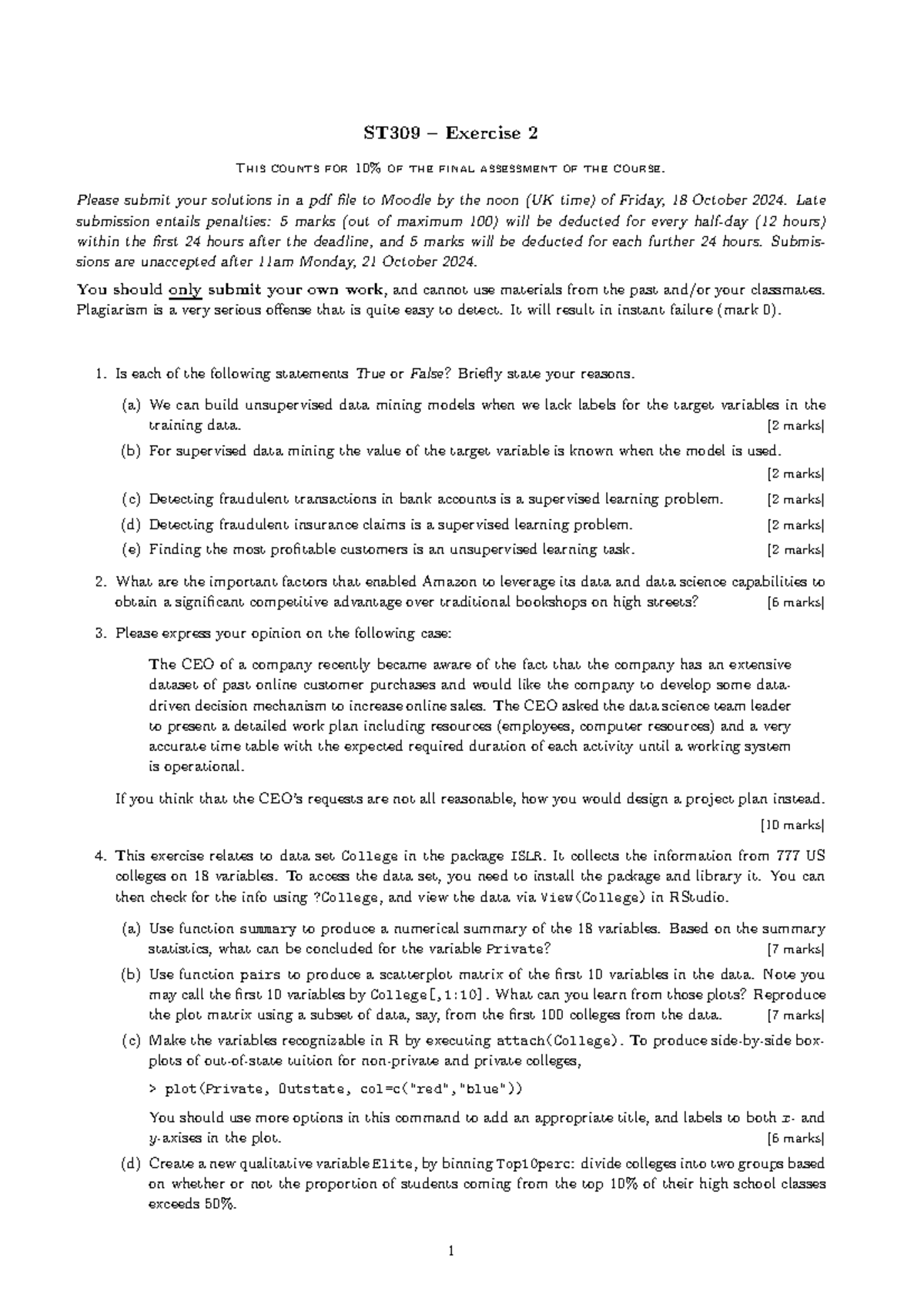 ST309 Final Assessment Exercise 2 Guidelines and Questions - Studocu