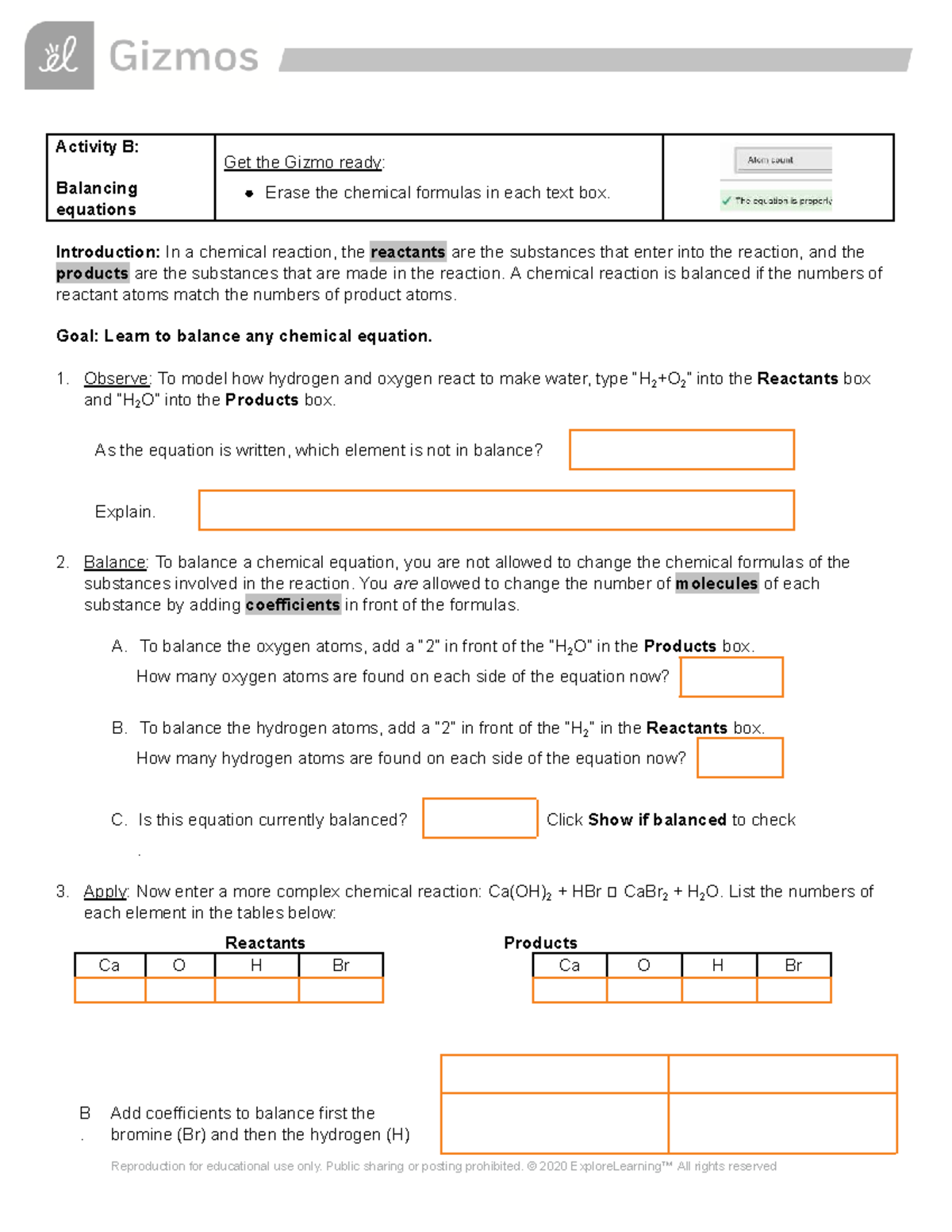 Chem 101: Activity B - Balancing Chemical Equations Guide - Studocu