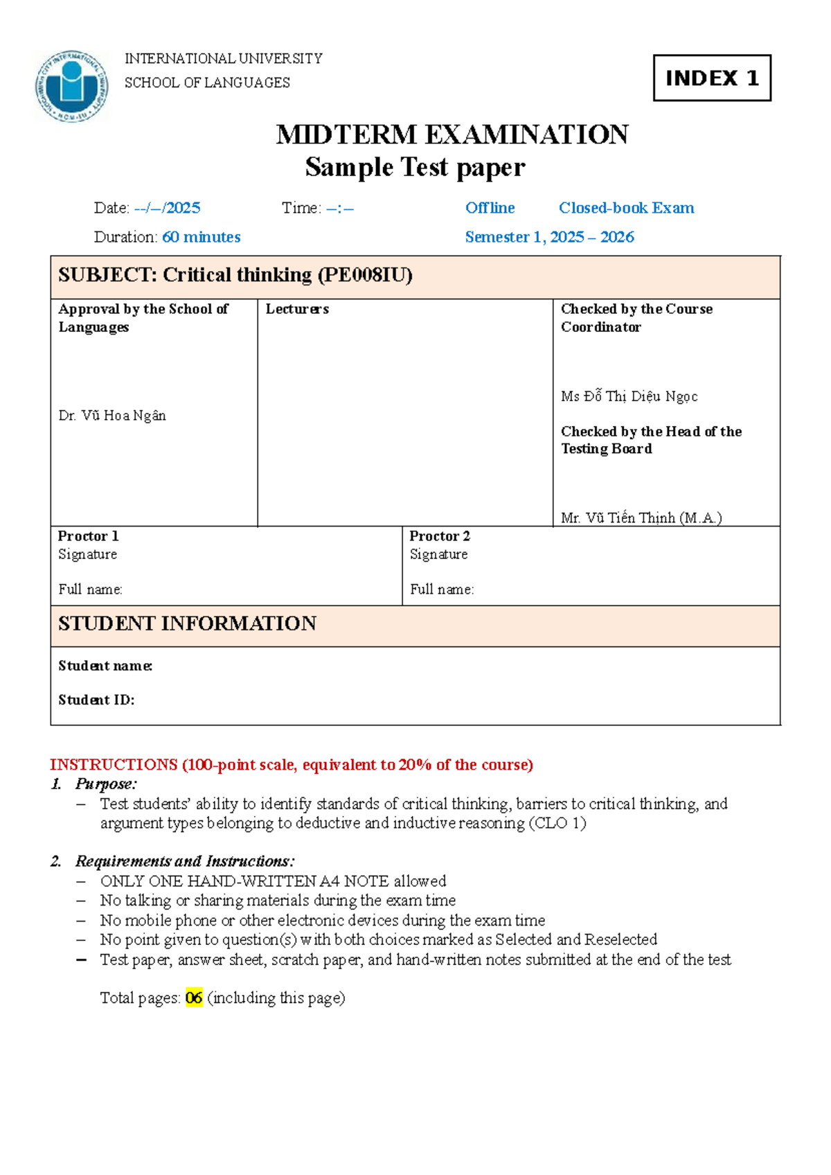 Critical Thinking Midterm Exam Sample Test (PE008IU) 2025 - Studocu