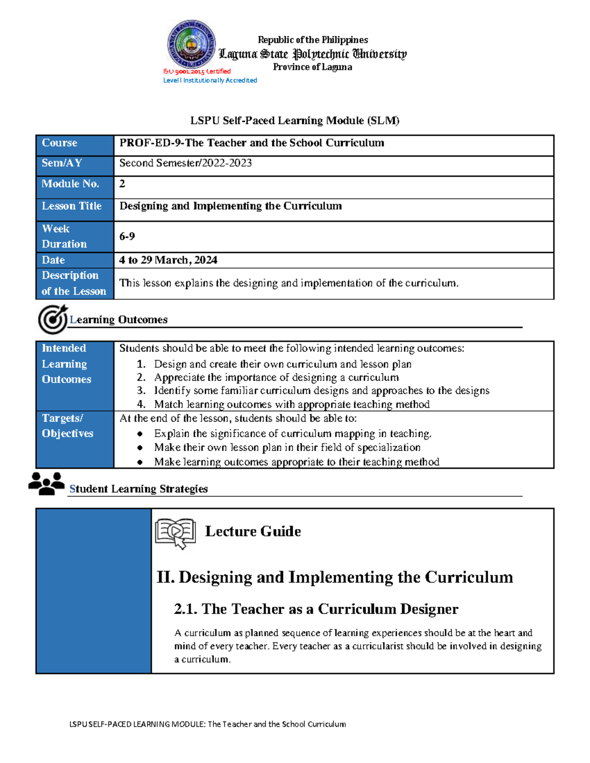 Course PROF-ED-9 Module 2: Curriculum Design and Implementation Guide ...