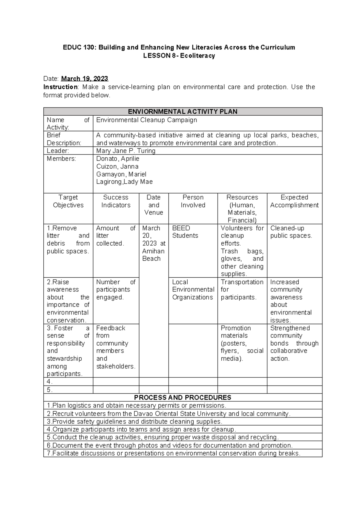 EDUC130 Lesson 8: Environmental Activity Plan for Cleanup Campaign ...