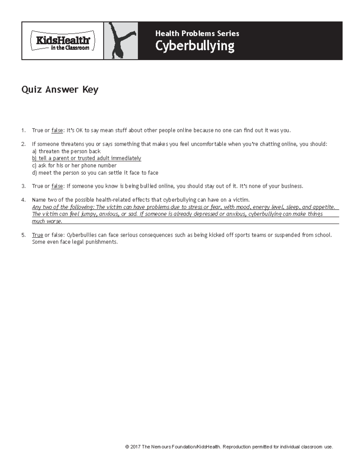 Cyberbullying Quiz Answer Key: Responses to Important Questions - Studocu