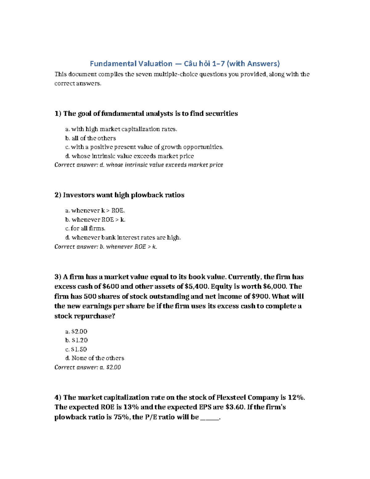 Fundamental Valuation Questions (Q1-Q7) with Answers - Studocu