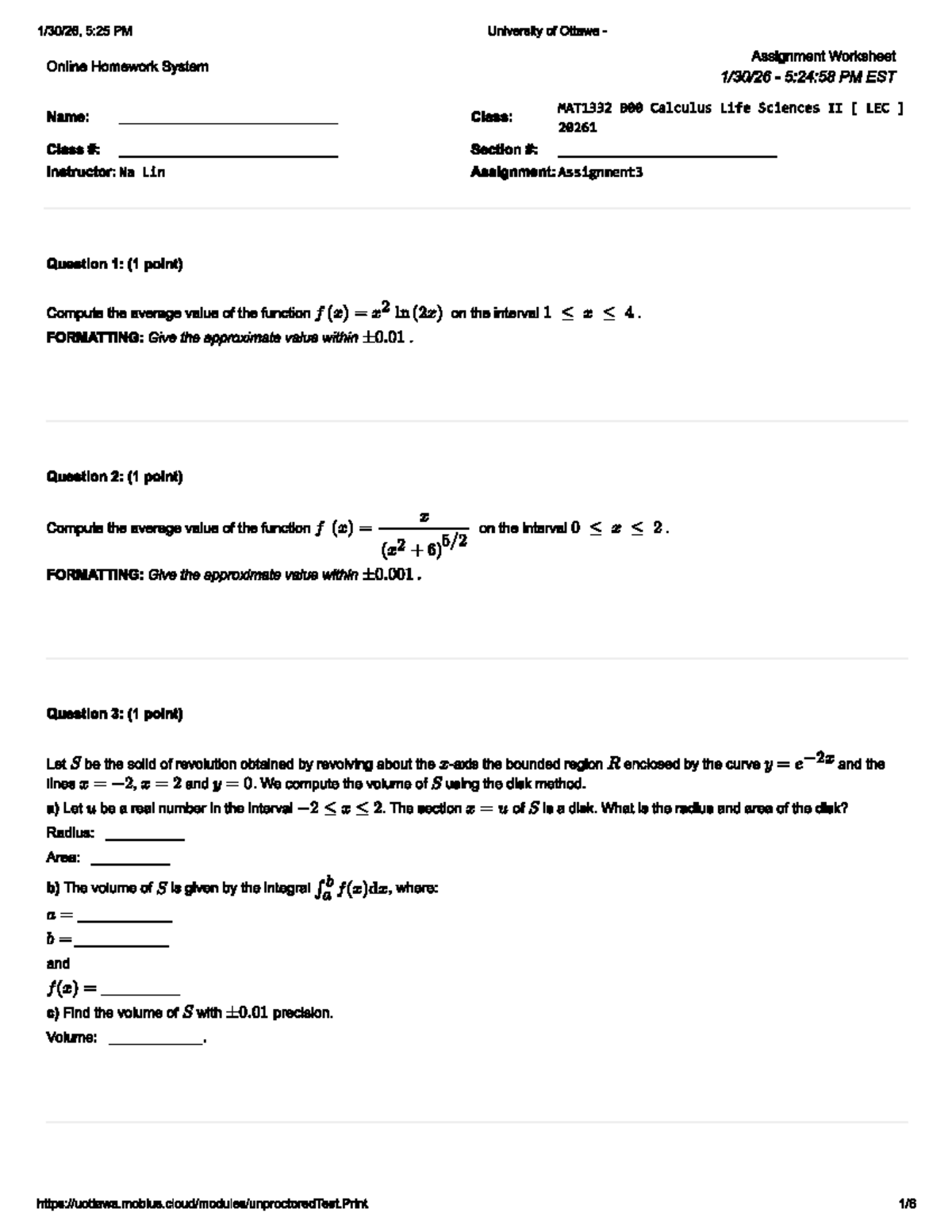 MAT1332 B00 Calculus Life Sciences II Assignment 3 Practice Worksheet ...