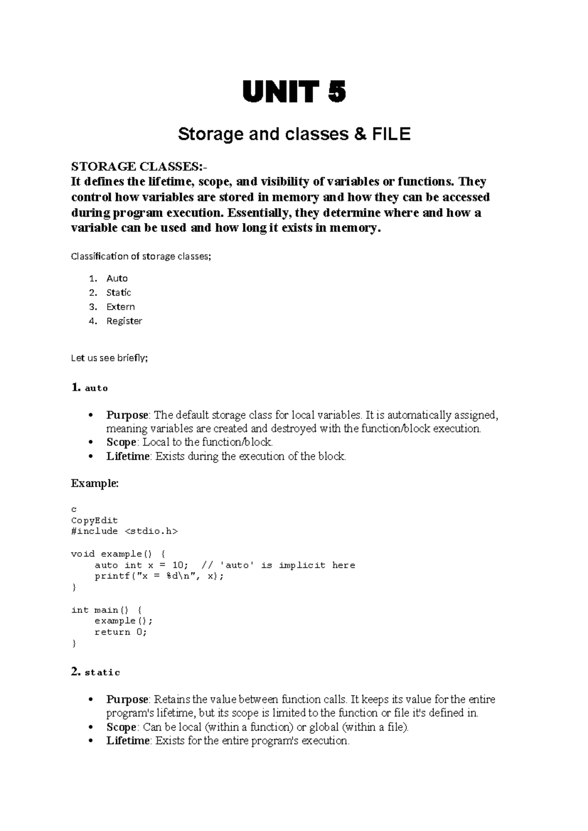 UNIT 5: Storage Classes and File Handling in C Programming - Studocu