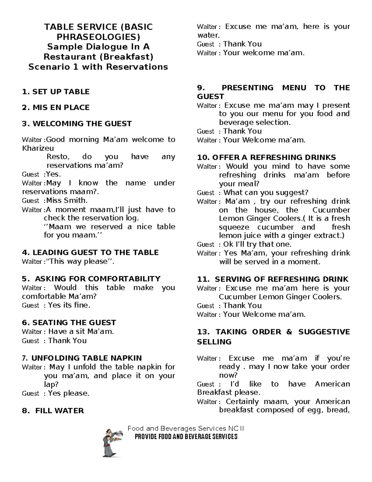 Table Service Script Sample (Breakfast) - Food & Beverage NC II - Studocu