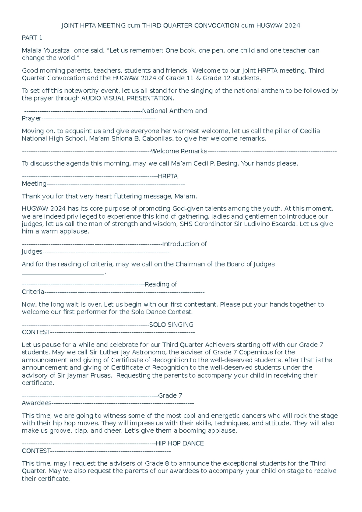 Brigada Eskwela 2024 Opening Programme Script: Bayanihan for Schools ...