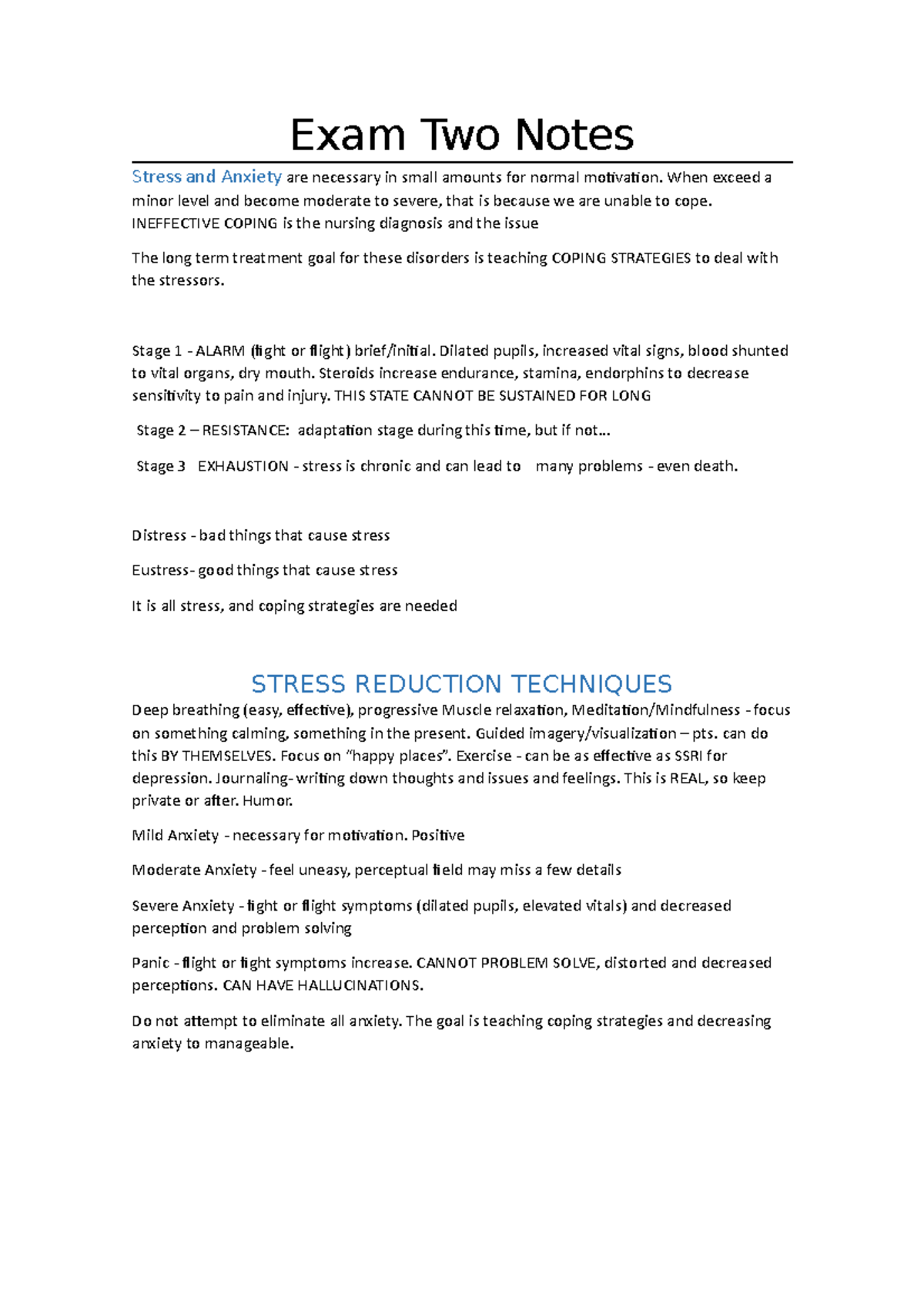 MH Exam 2 - Review - Exam Two Notes Stress and Anxiety are necessary in ...