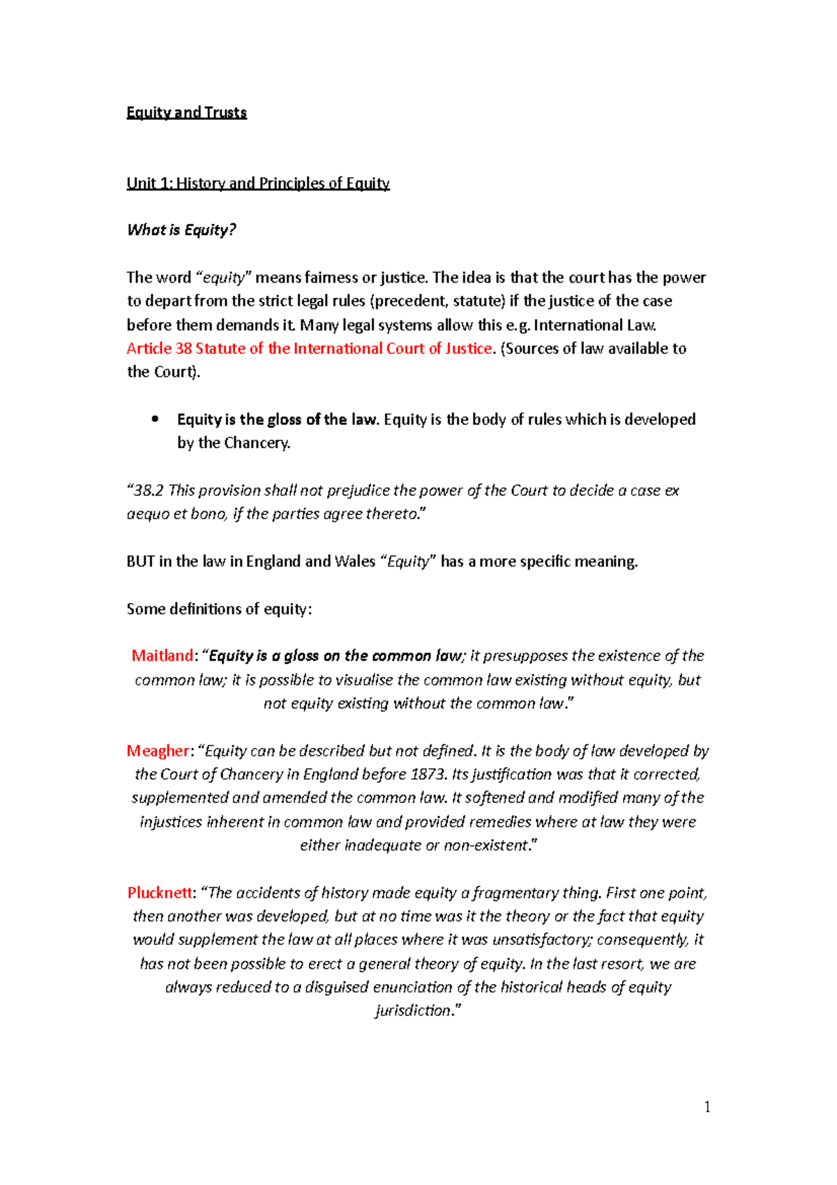 History and Principles of Equity - Equity and Trusts Unit 1 Notes - Studocu