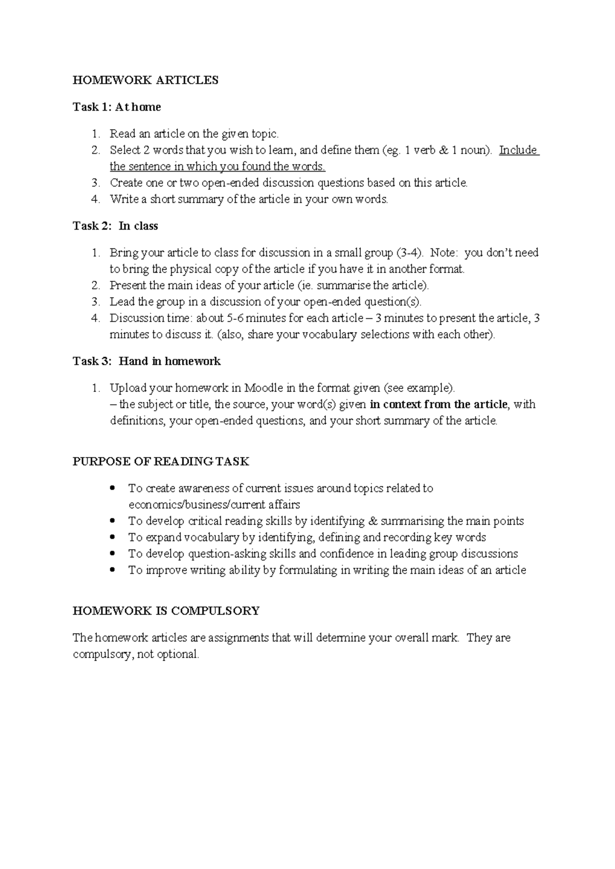 Homework - Articles - Vocabulary & Discussion Tasks - Studocu