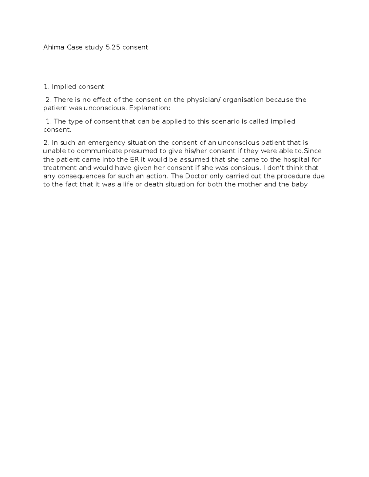 Case Study 5: Implied Consent in Emergency Situations - Studocu