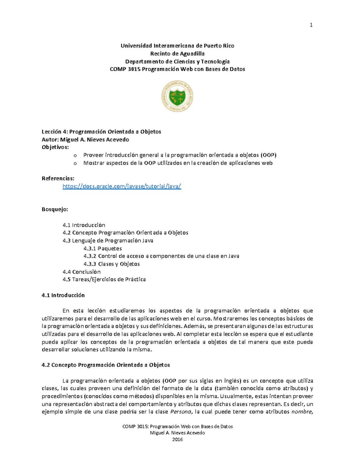 COMP 3015: Lección 4 - Programación Orientada a Objetos en Java - Studocu