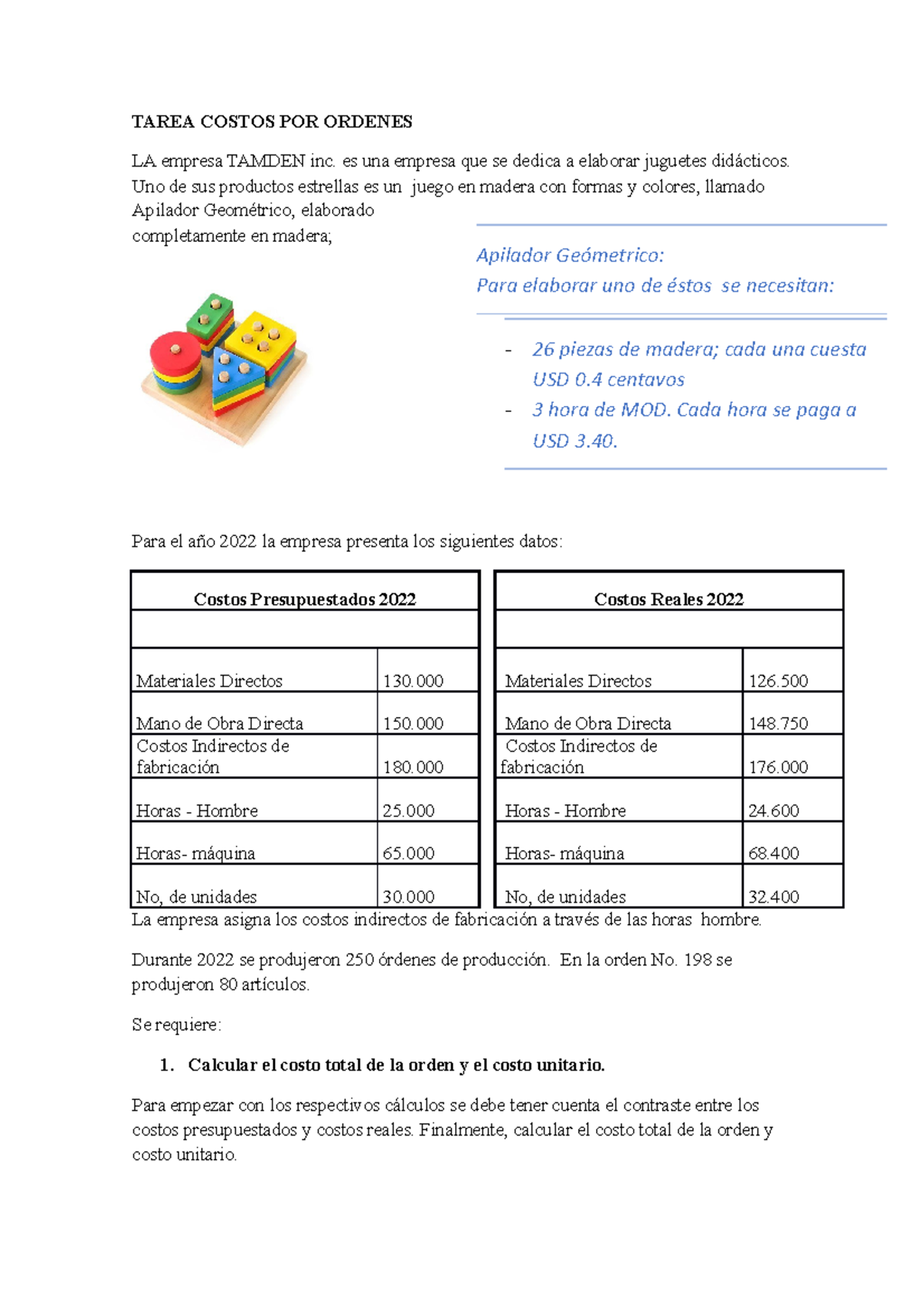 Tarea de Costos por Órdenes: Análisis de la Empresa TAMDEN Inc. - Studocu