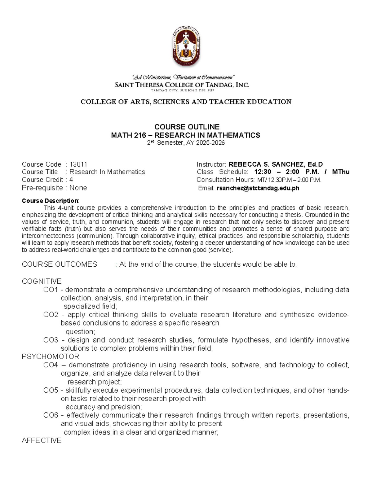 MATH 216 Course Outline: Research in Mathematics - 2nd Sem, AY 13011 ...