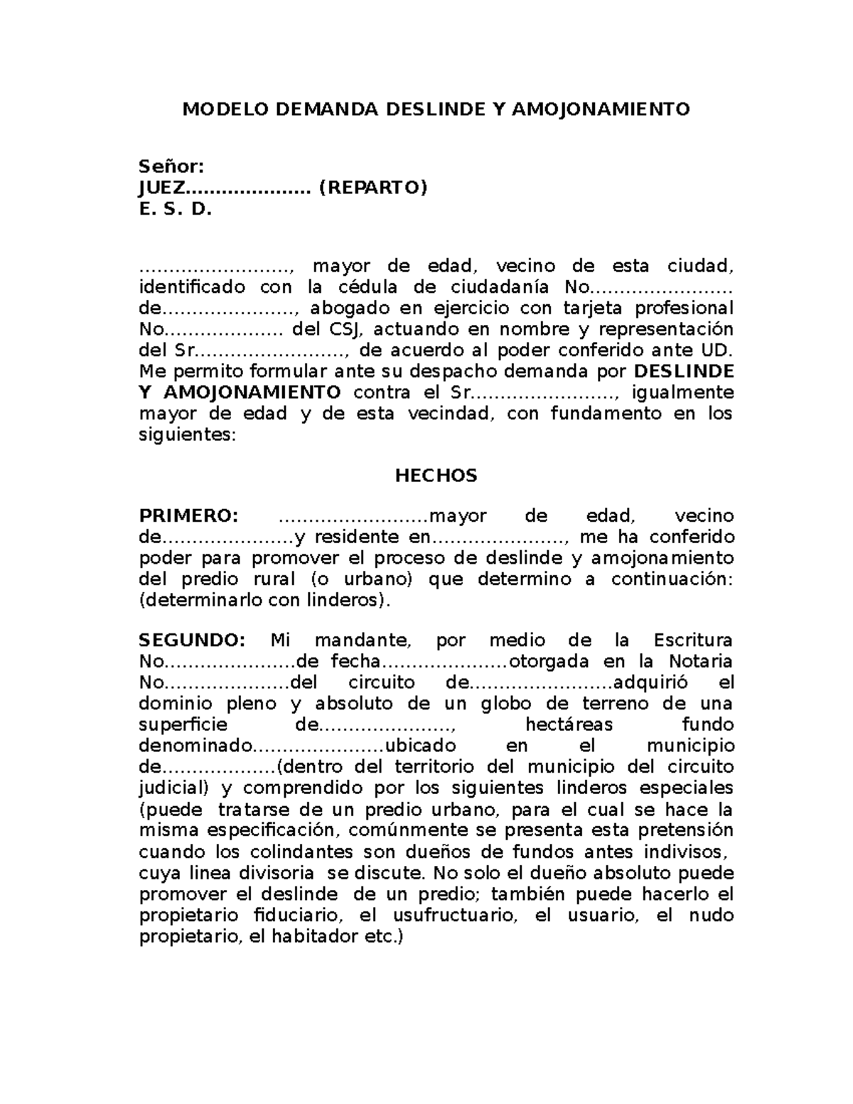 Modelo de Demanda de Deslinde y Amojonamiento - Código Procesal - Document Preview