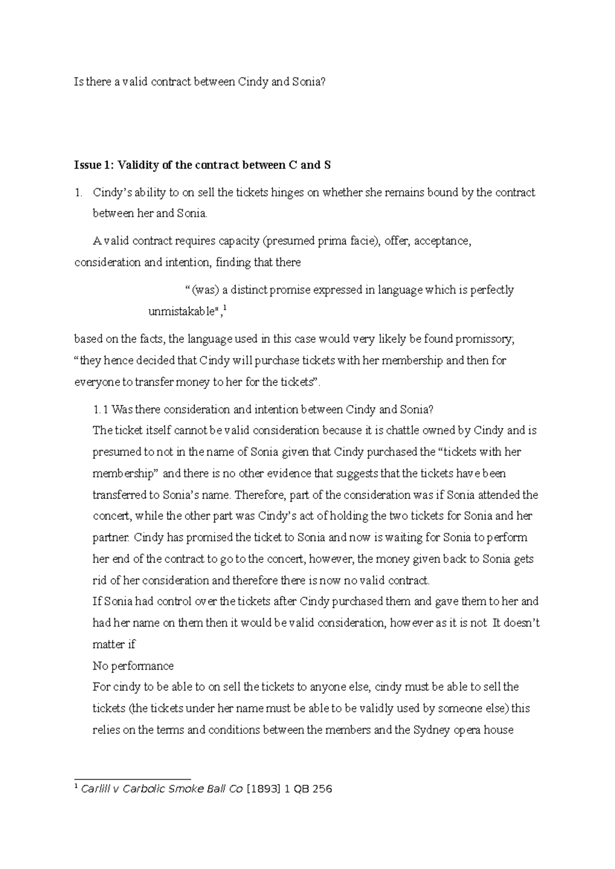 Validity of Contract Between Cindy and Sonia: Analysis and Conclusion ...