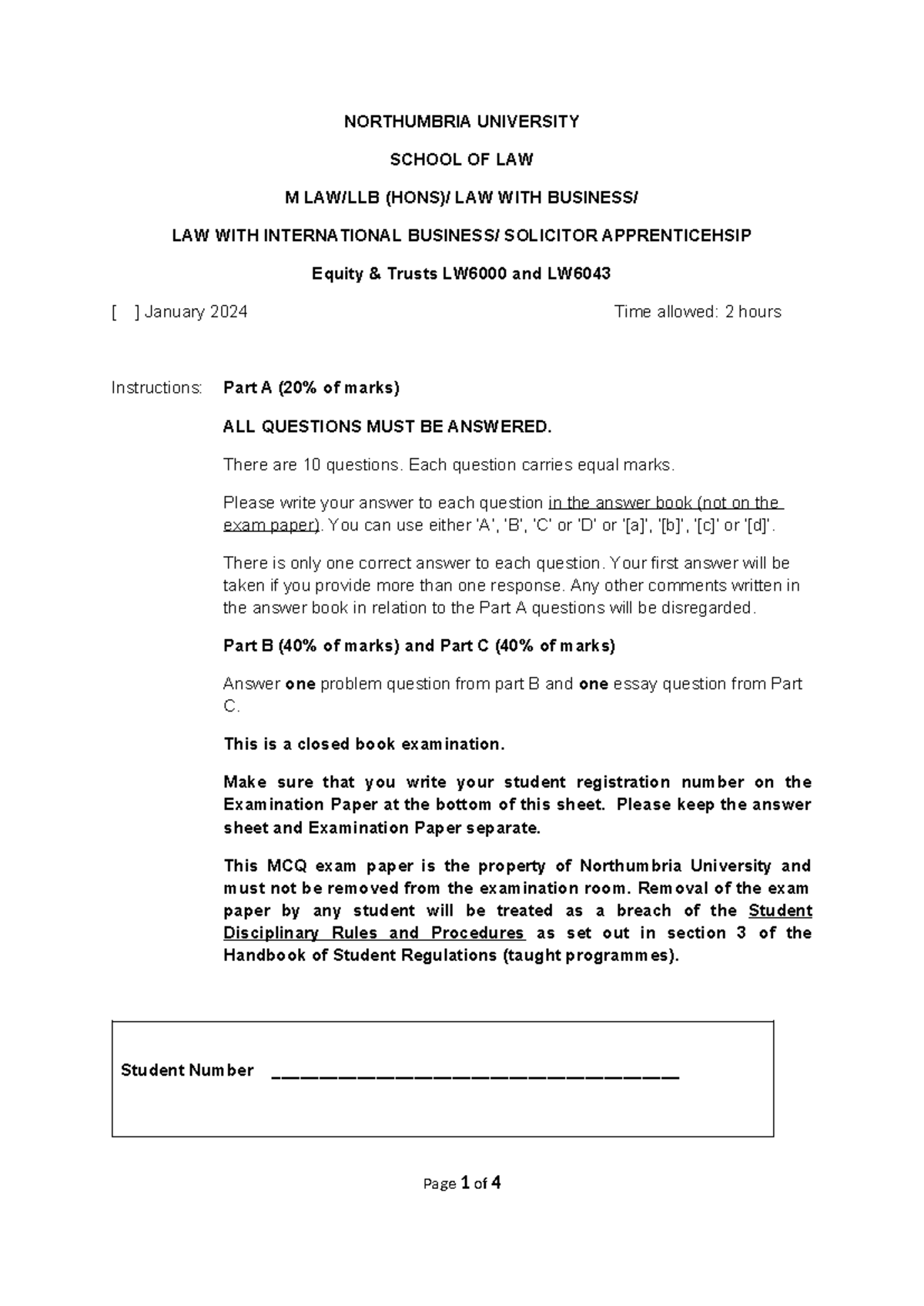 LW6043 Equity Trusts Exam Instructions - January 2024 - Studocu