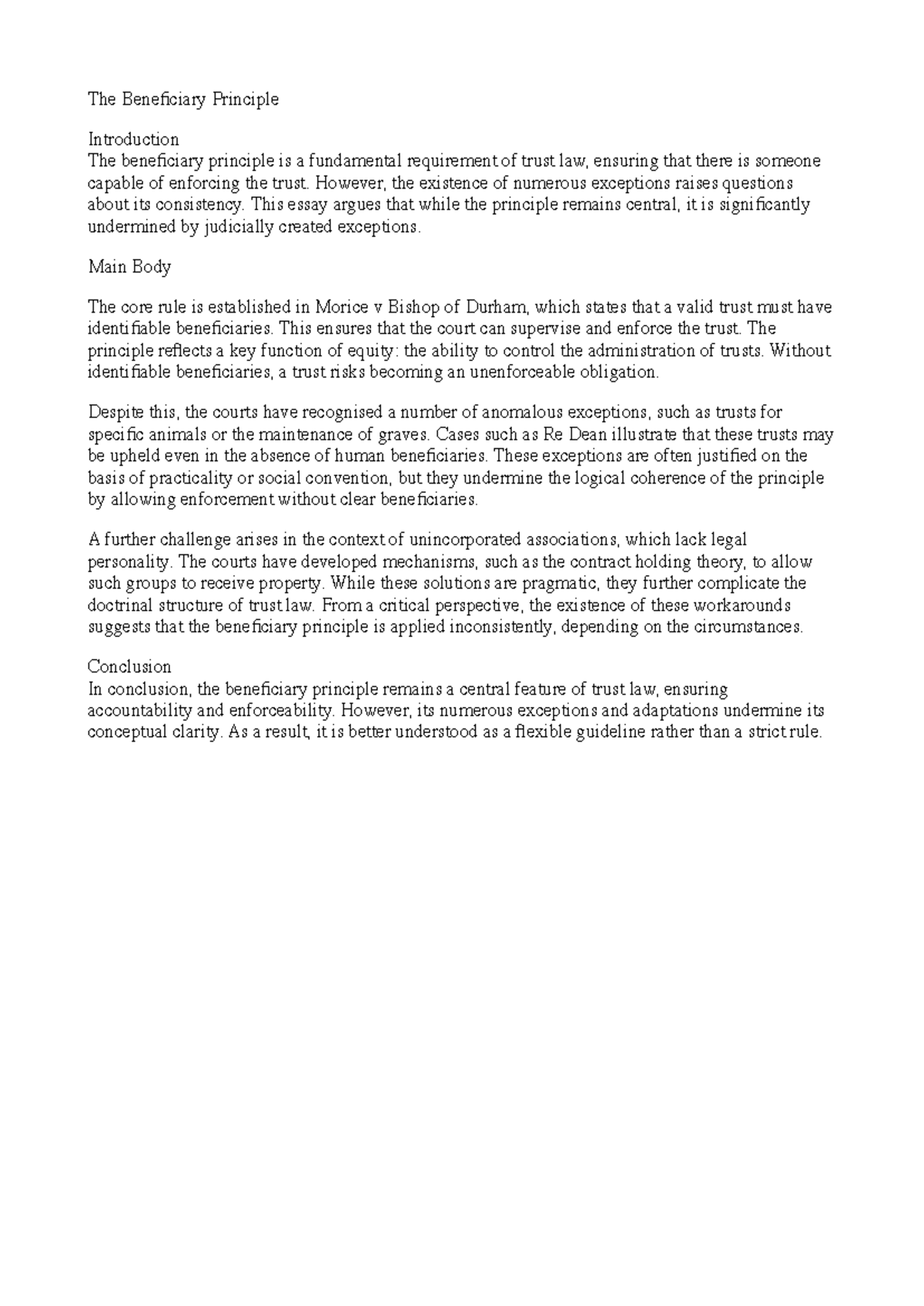 Trust Law Analysis: The Beneficiary Principle and Its Exceptions - Studocu