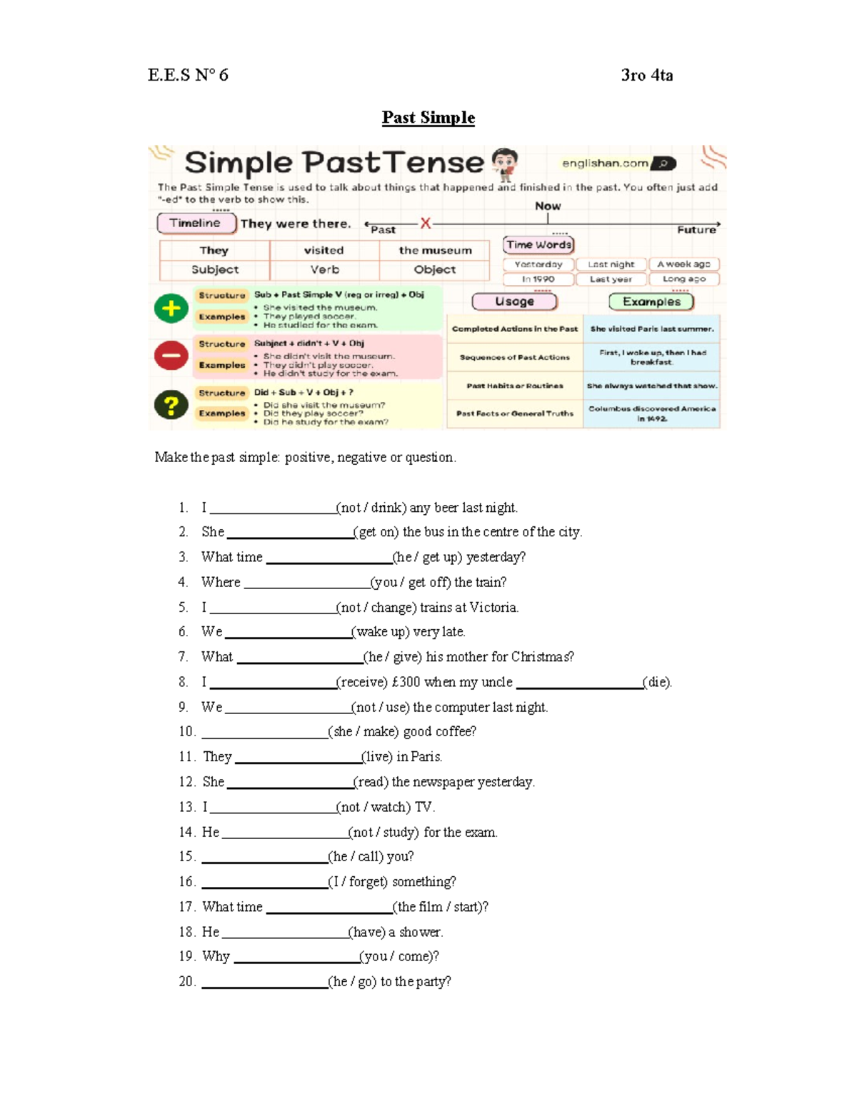 E.E.S 6 3ro 4ta Past Simple Exercises: Positive, Negative, Questions ...