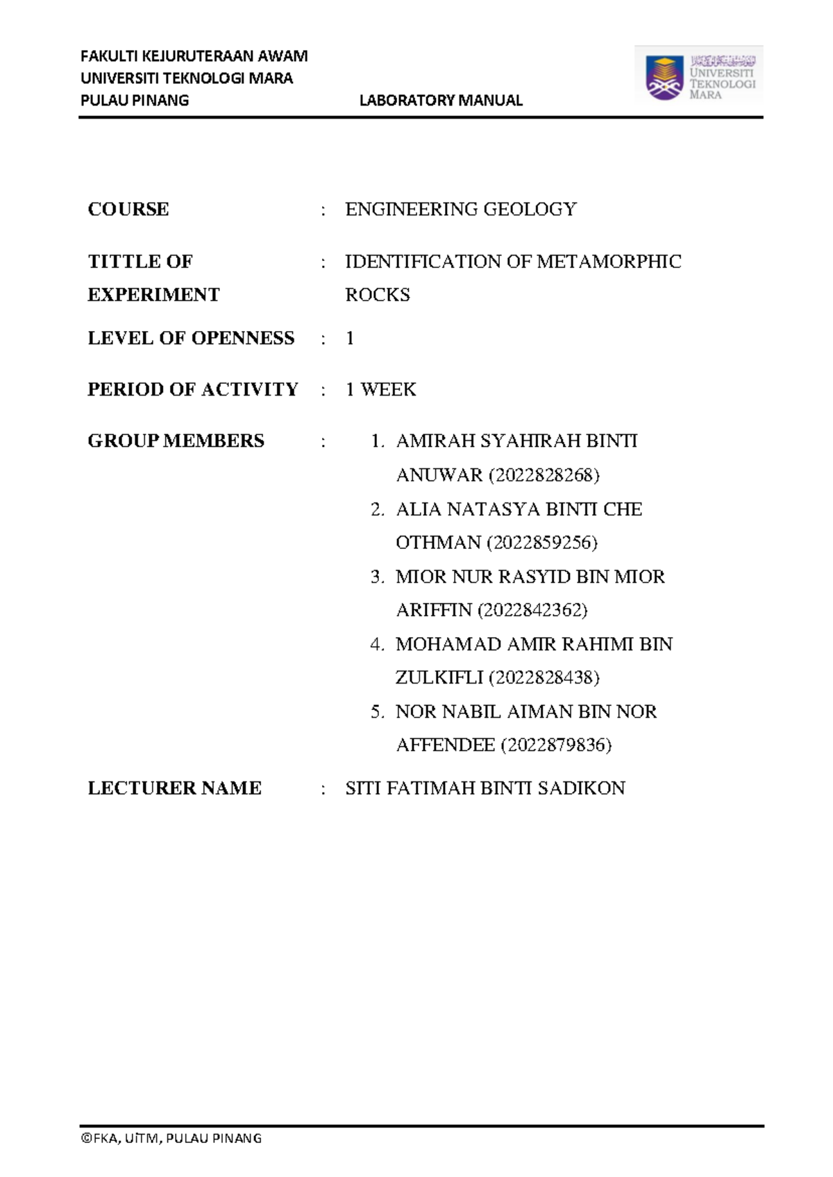 Identification of Metamorphic Rocks: Engineering Geology Lab Report ...
