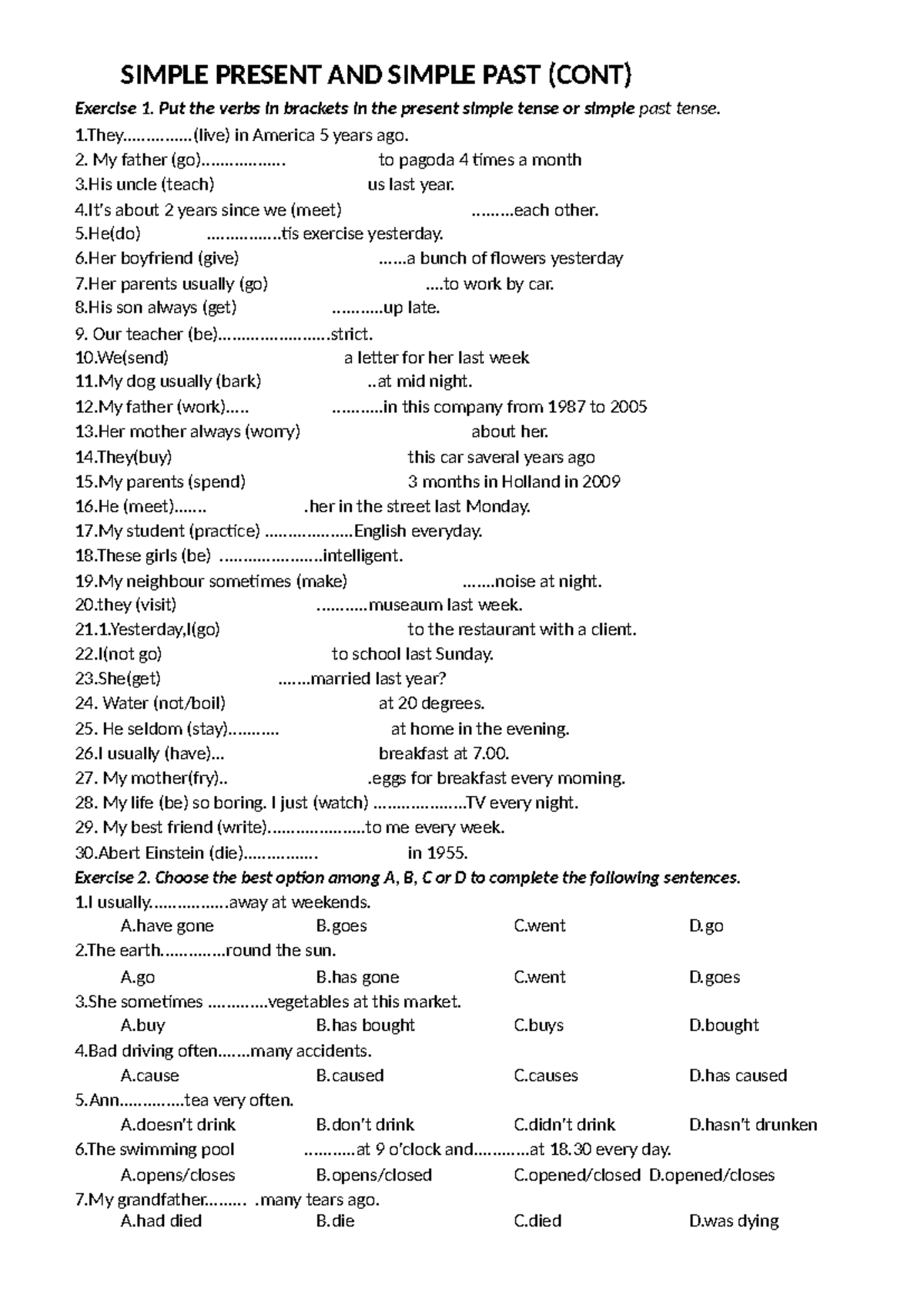 SIMPLE PRESENT & SIMPLE PAST TENSE EXERCISES (ENG 101) - Studocu