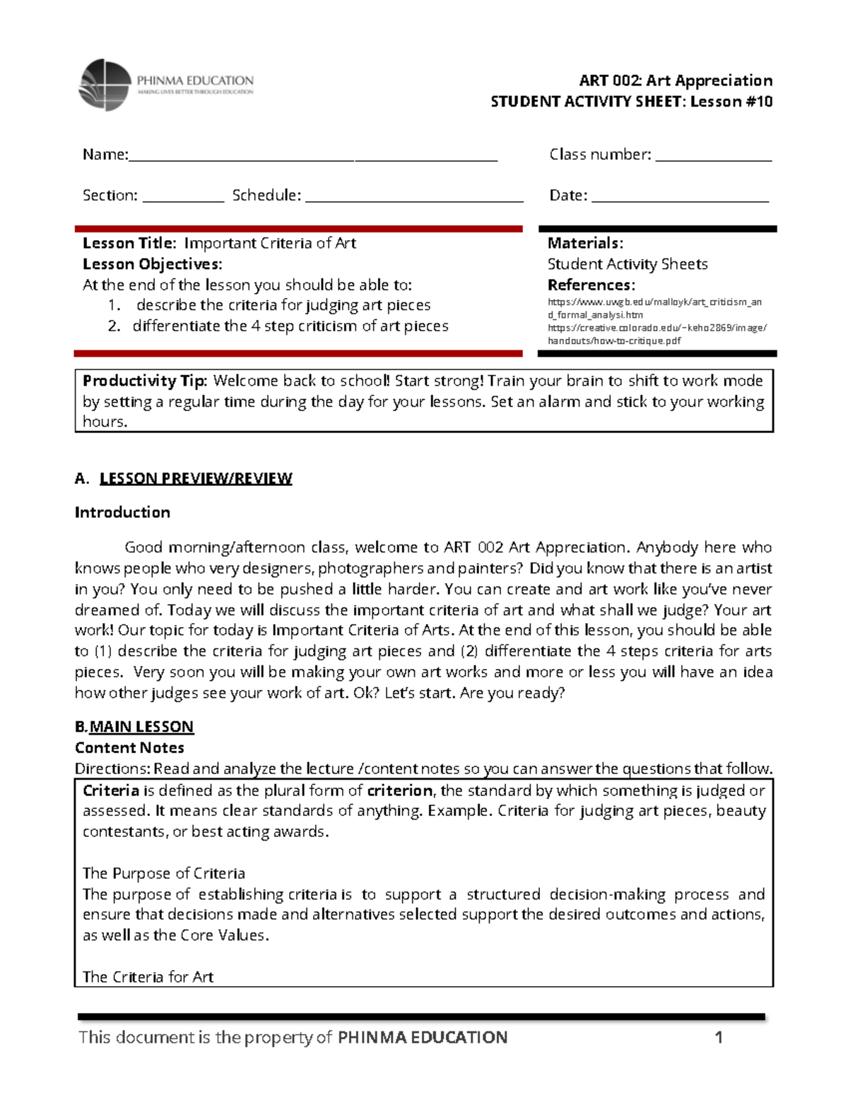 ART 002- Lesson 10 SAS - STUDENT ACTIVITY SHEET: Lesson # - Studocu