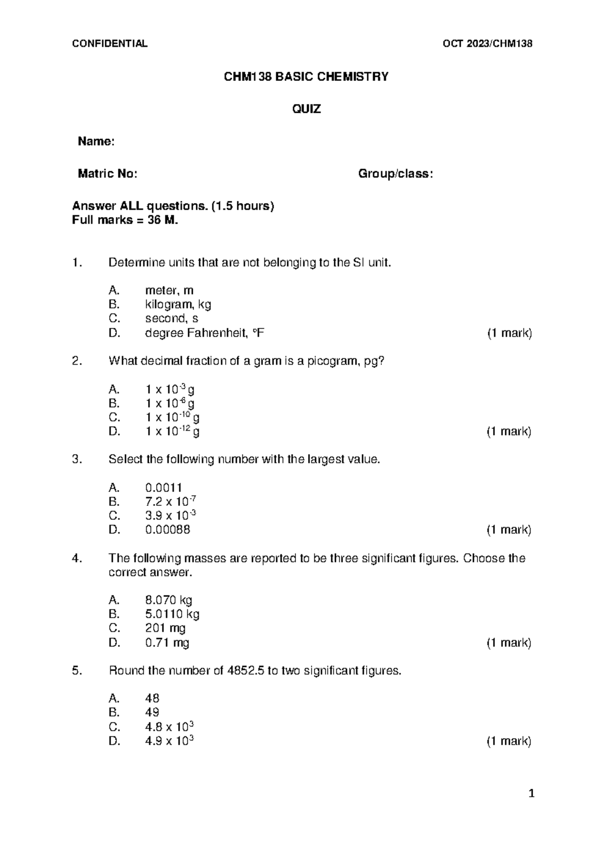 QUIZ CHM138 OCT 2023: BASIC CHEMISTRY QUESTIONS - Studocu