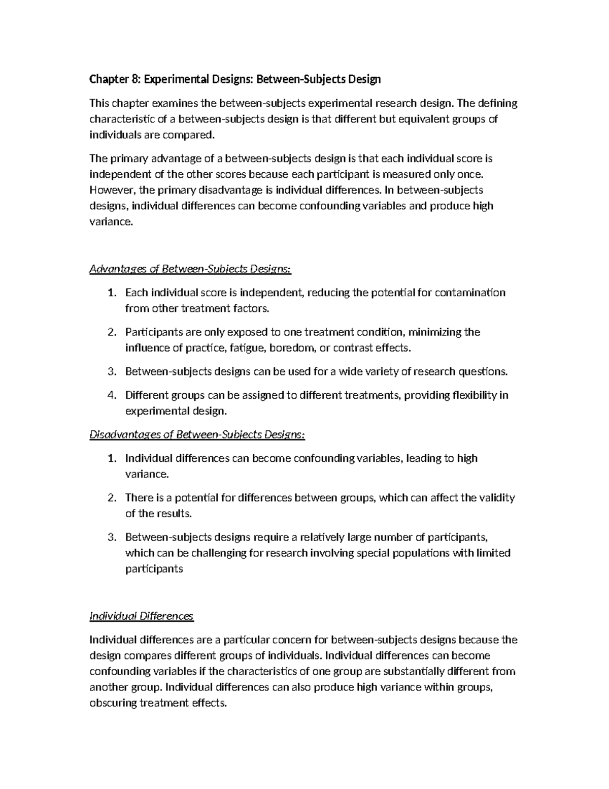 RM Finals Notes: Between-Subjects Design Overview and Analysis - Studocu