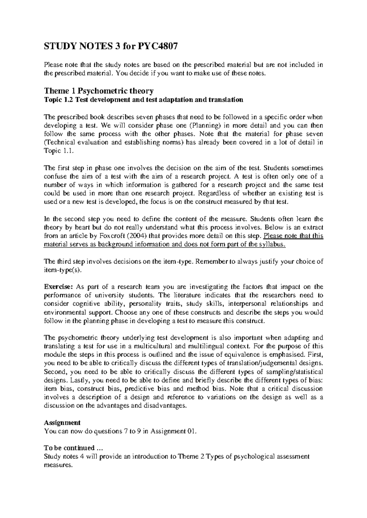 Study Notes 3 for PYC4807 - STUDY NOTES 3 for PYC Please note that the ...