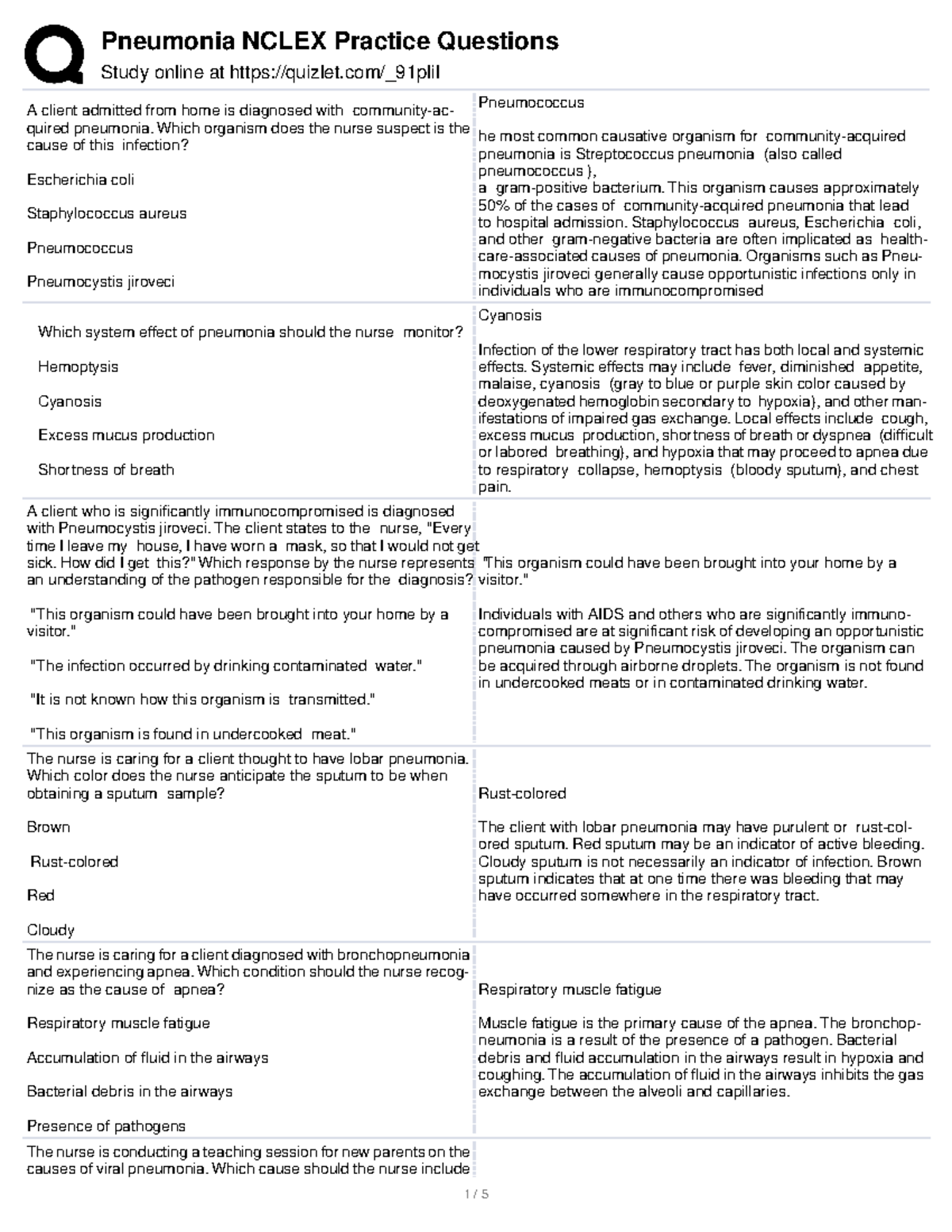 Pneumonia Nclex - Pneumonia NCLEX Practice Questions Study online at ...