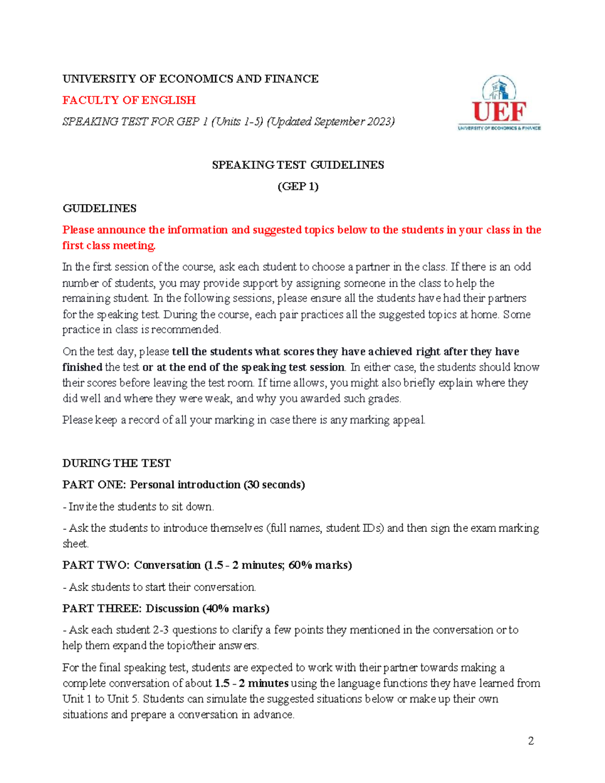 GEP 1 Speaking Test Guidelines and Suggested Topics (Sept 2023) - Studocu